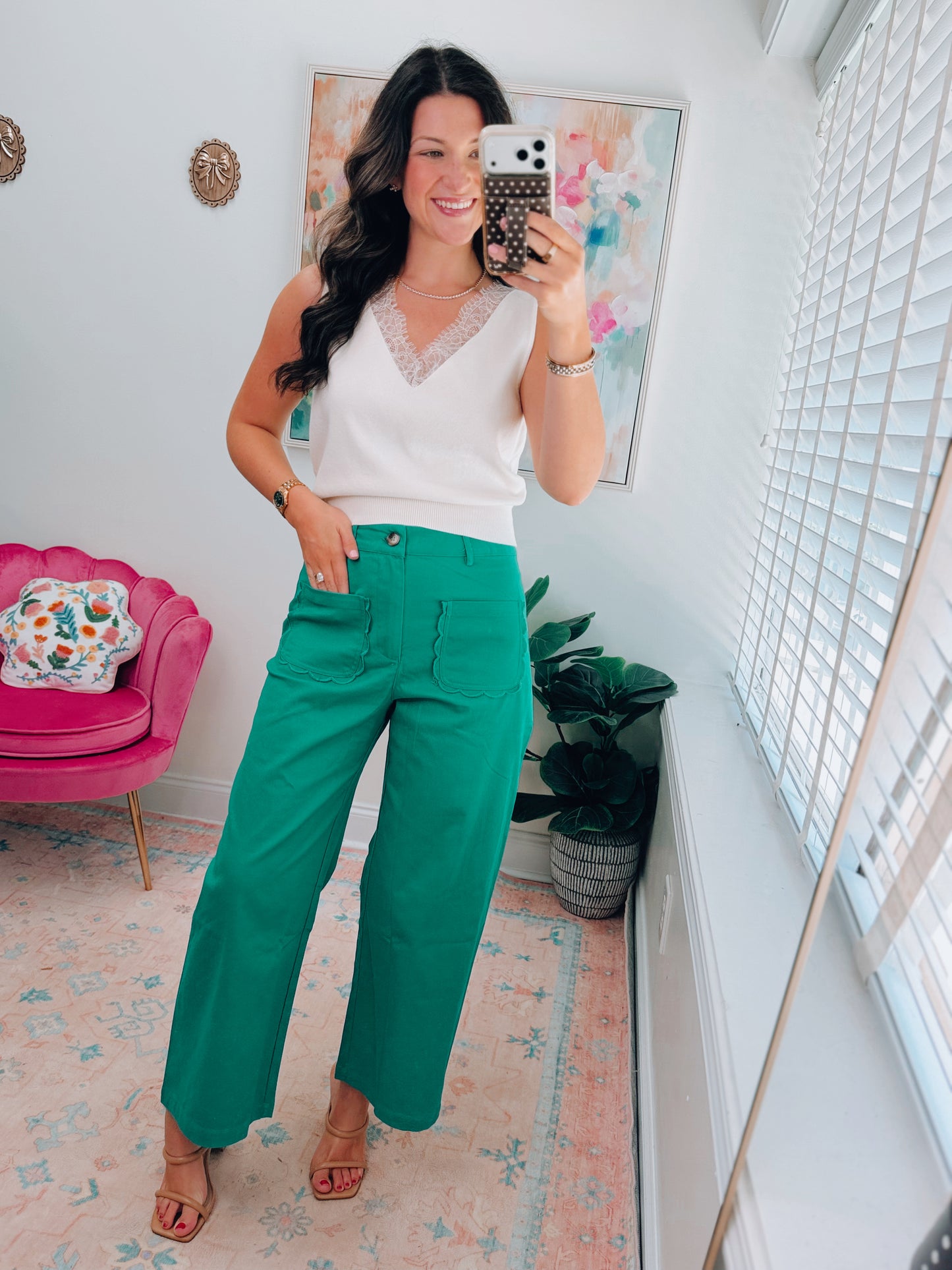 Green Scalloped Wide Leg Pant