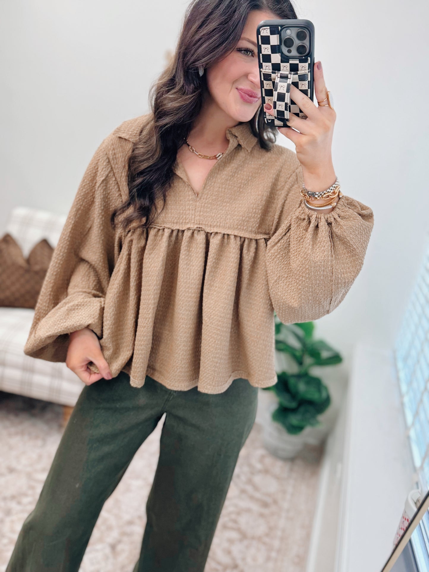 Camel Textured Collared Split Neck Top