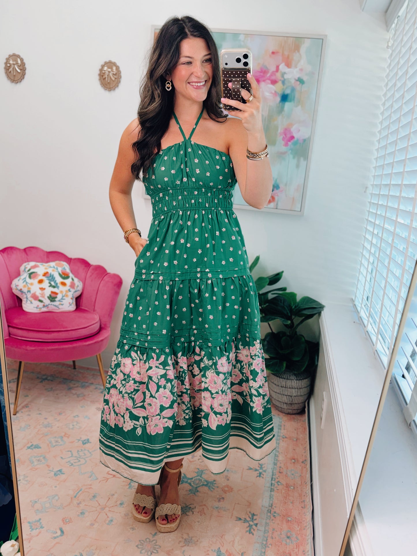 Green Floral Halter Smocked Midi Dress