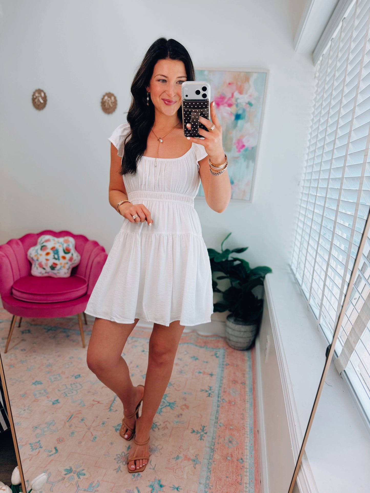 Shirred Flounce White Mini Dress