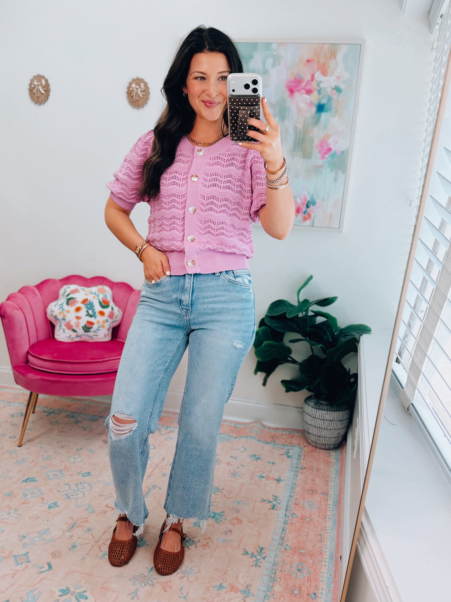 Lilac Pink Crochet Button Top