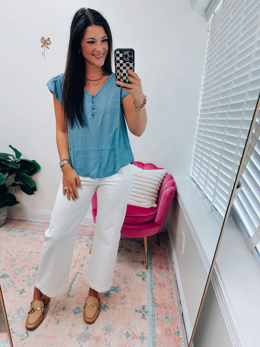 CURVY Chambray Ruffle Top