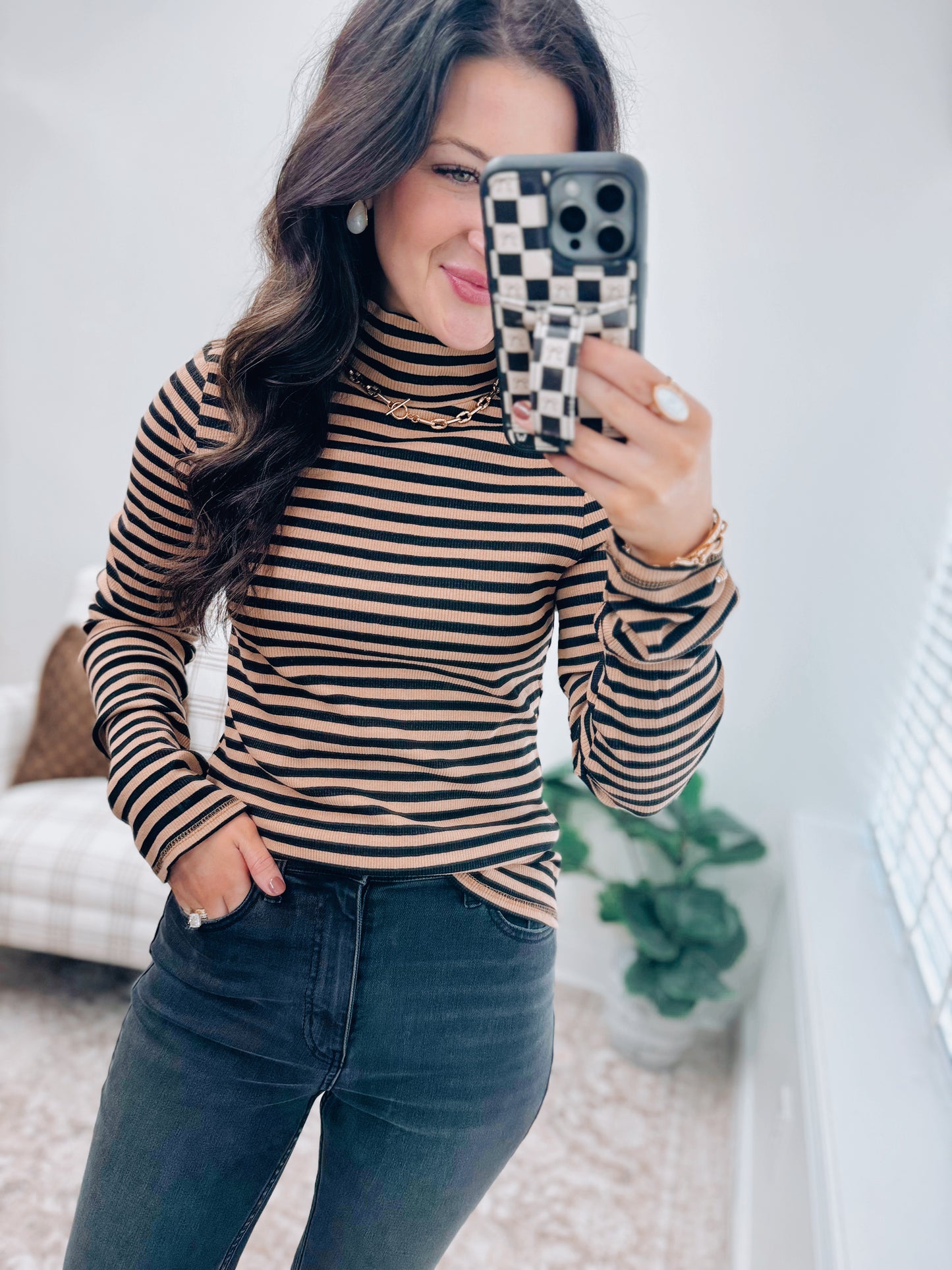 Striped Mock Neck Ribbed Top