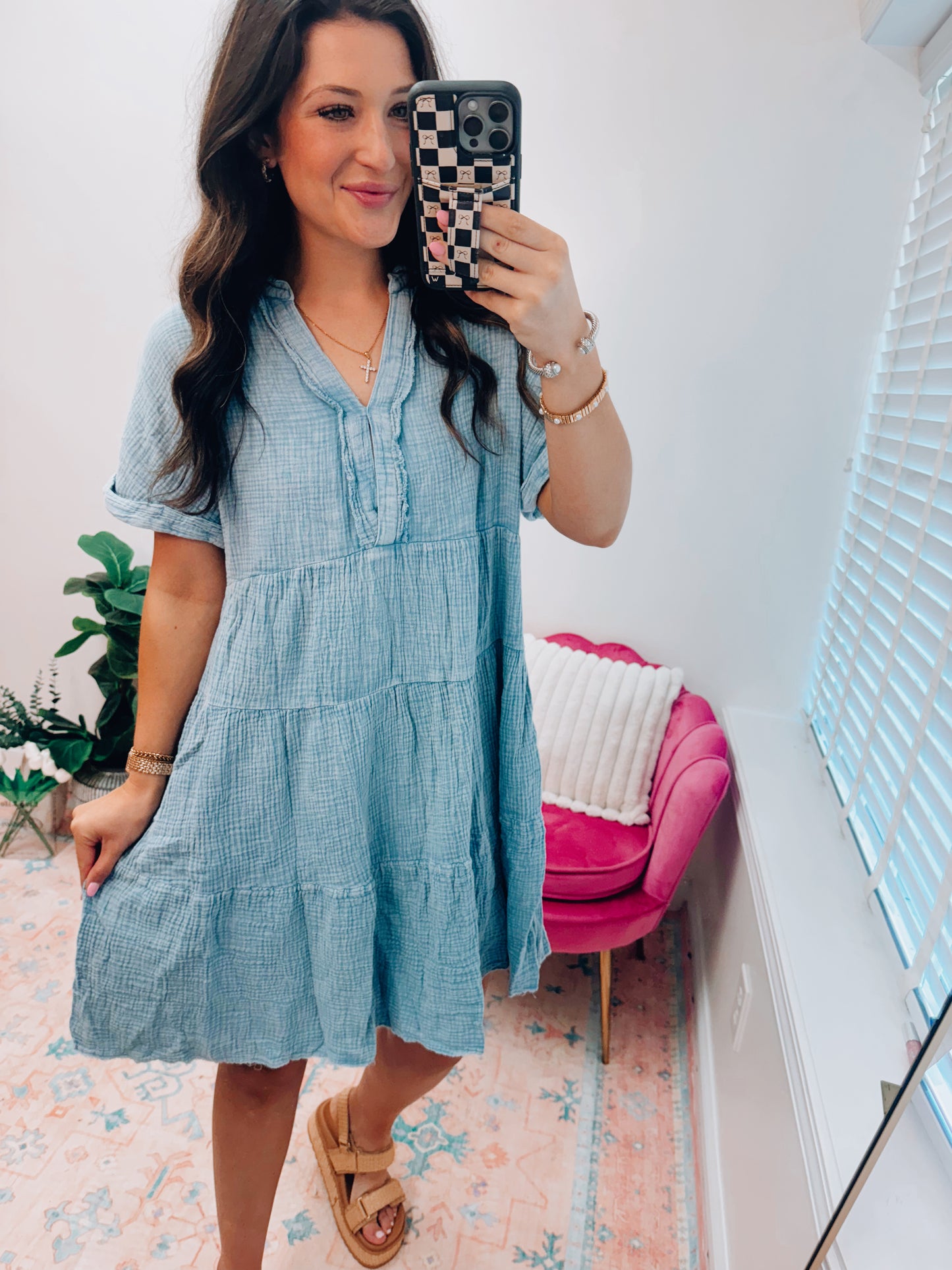Beth Basic Mineral Gauze Mini Dress - Blue
