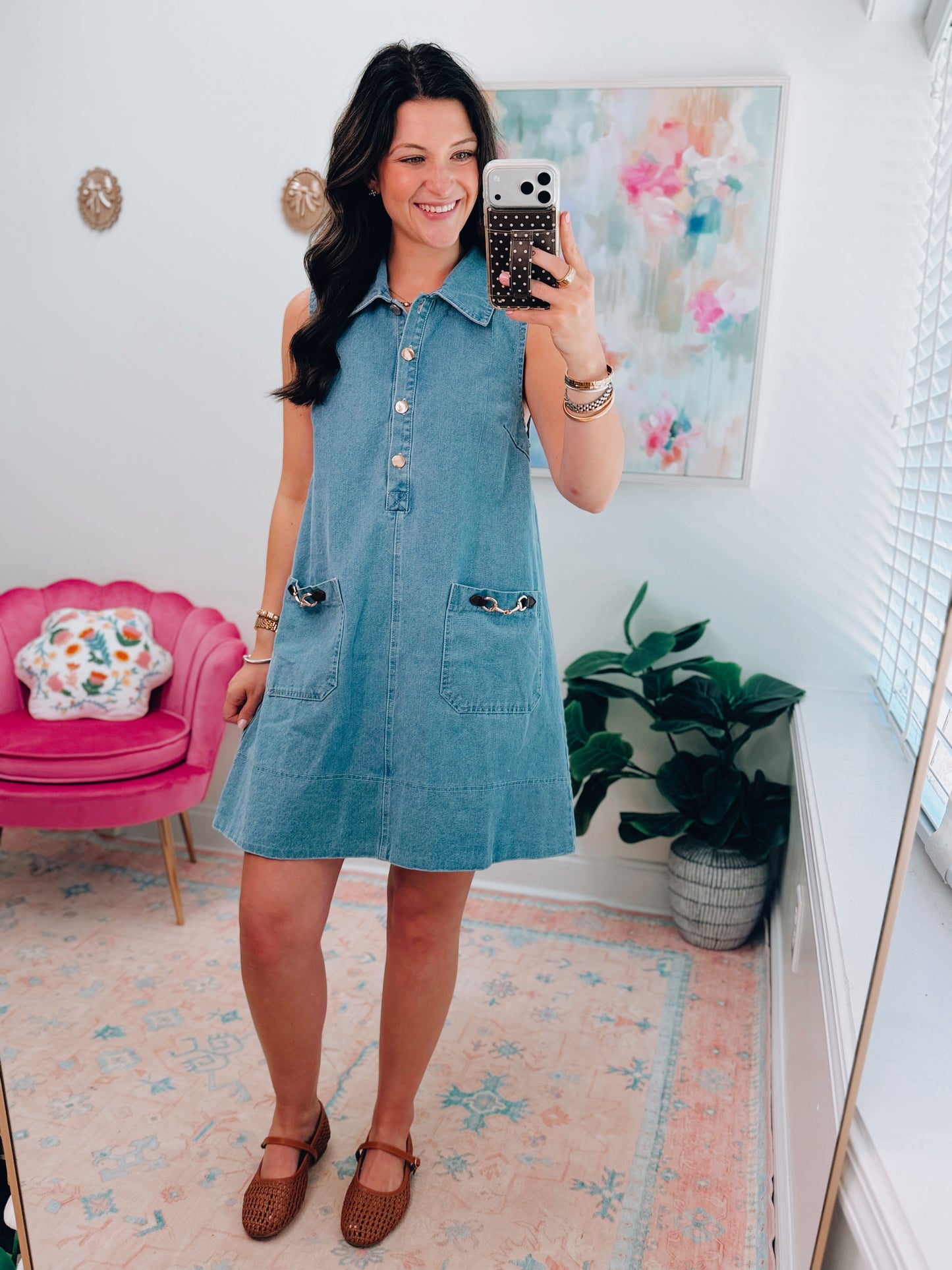 Horsebit Front Pocket Denim Mini Dress