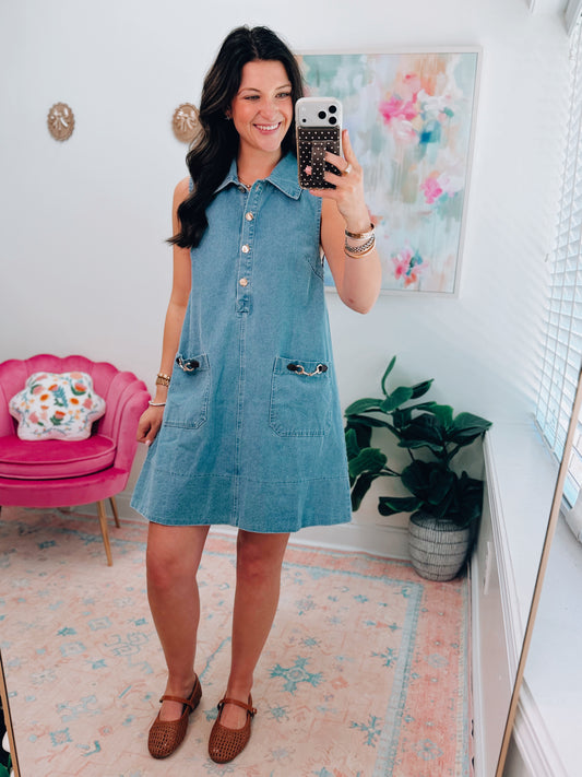 Horsebit Front Pocket Denim Mini Dress