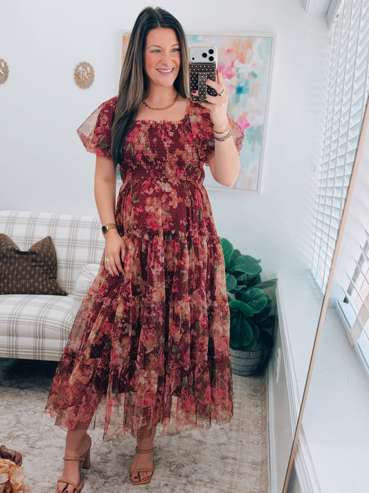 Wine Sheer Floral Smocked Midi Dress