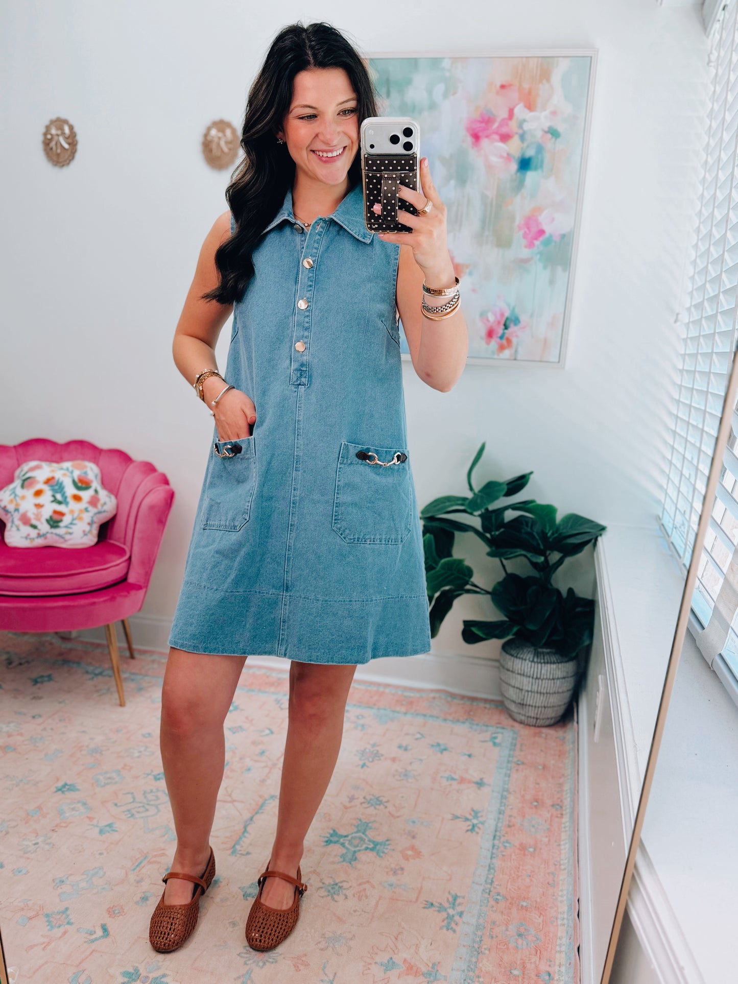 Horsebit Front Pocket Denim Mini Dress
