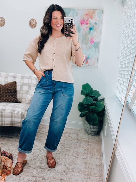 Beige Button Knit Sweater Top