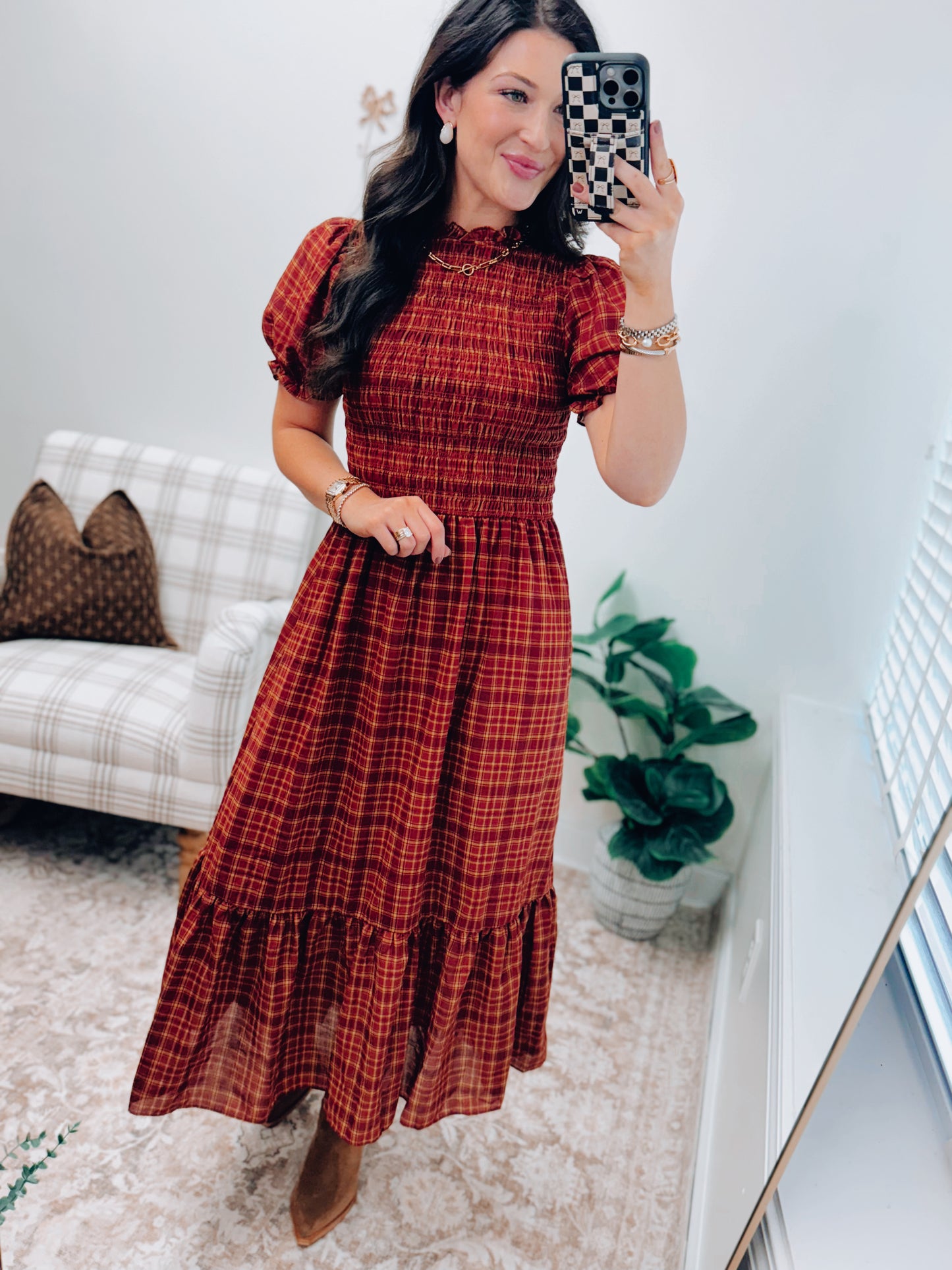 Chandler Plaid Smocked Midi Dress