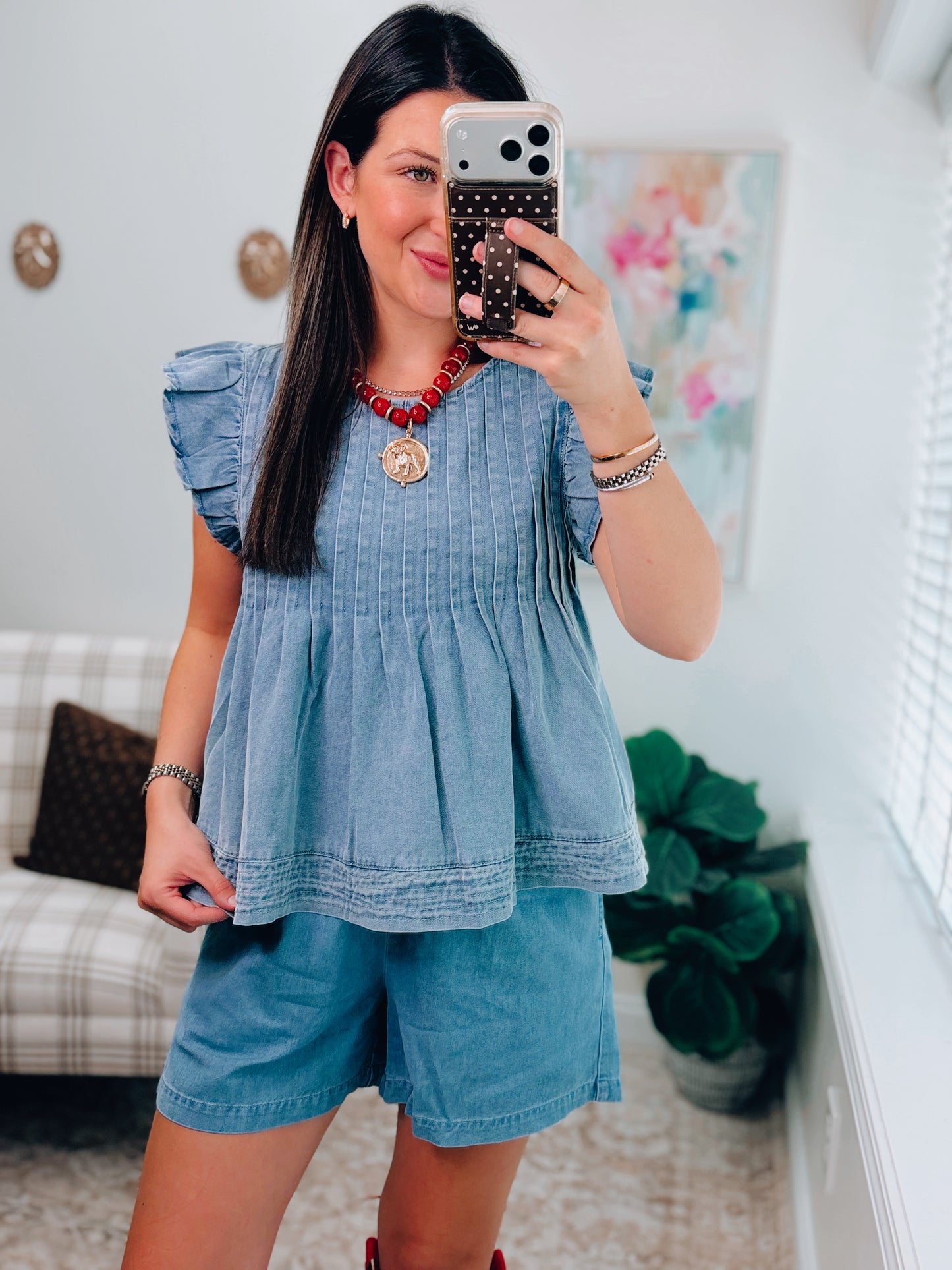Pleated Denim Shorts Set