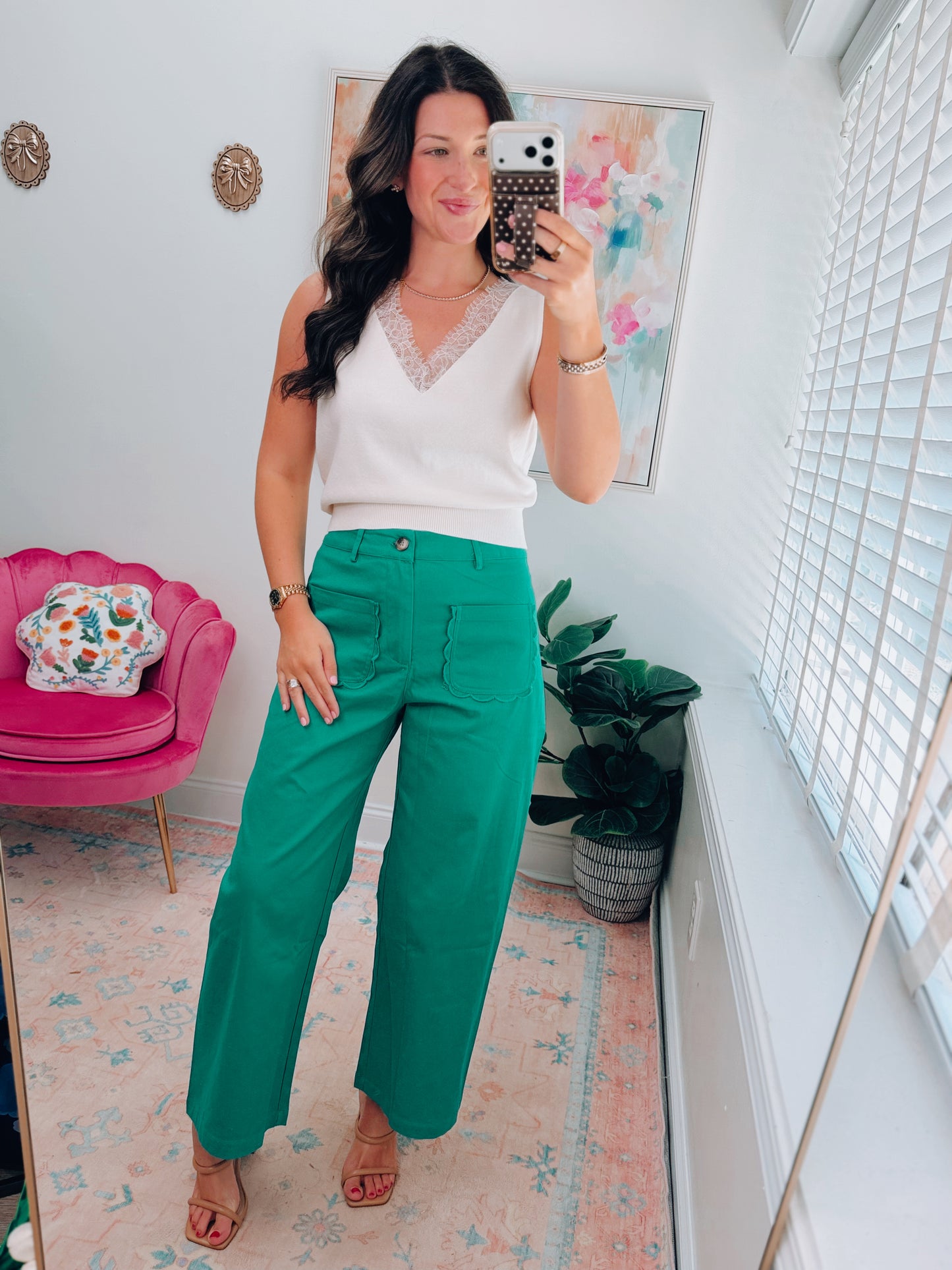 Green Scalloped Wide Leg Pant