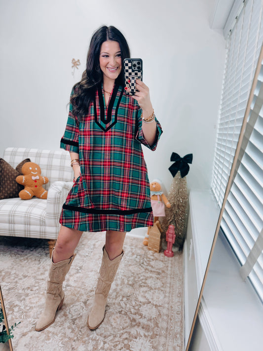 Velvet Green Plaid Mini Dress