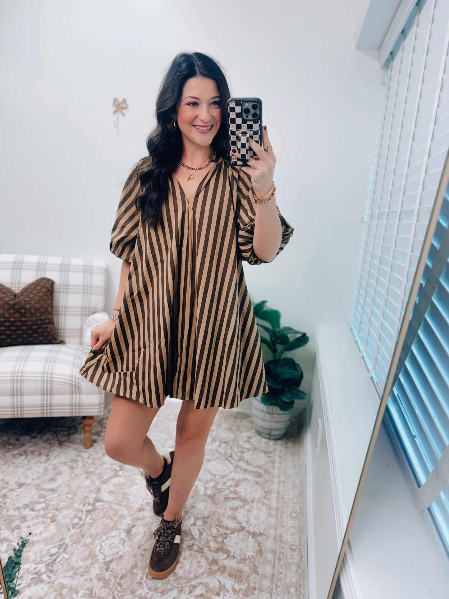 Ellery Striped Puff Sleeve Mini Dress - Olive