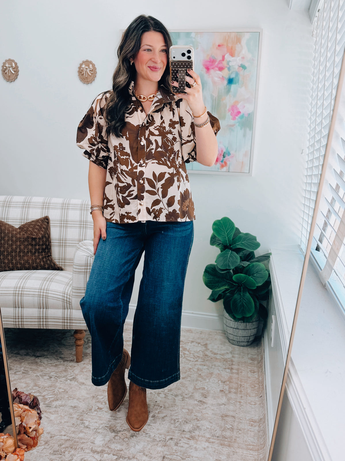 Autumn Brown Mix Gold Button Top