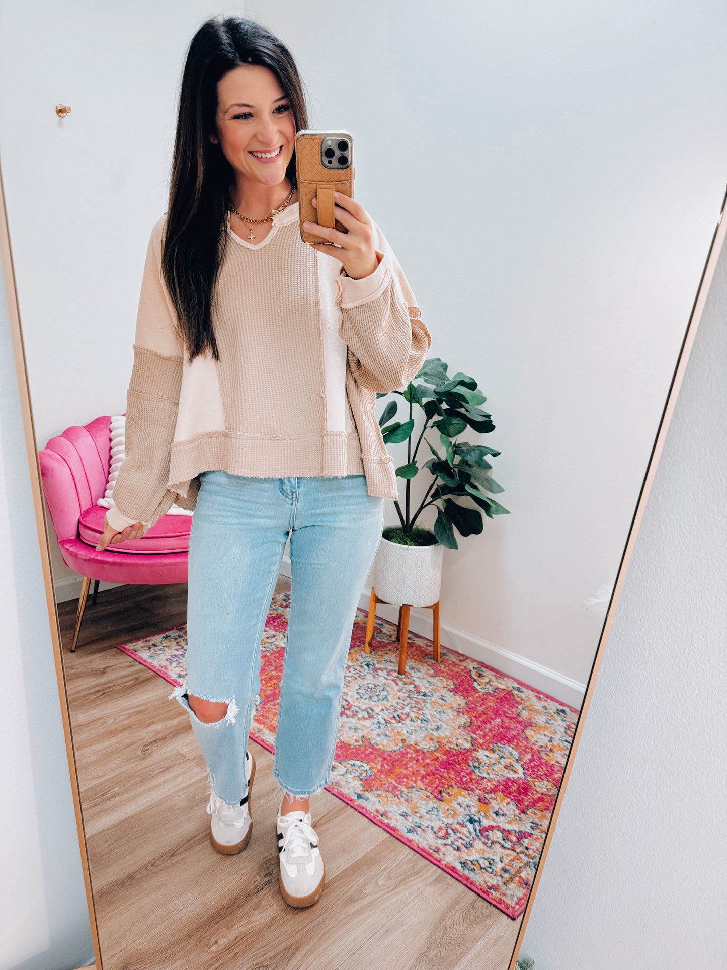 Oatmeal Contrast Knit Top