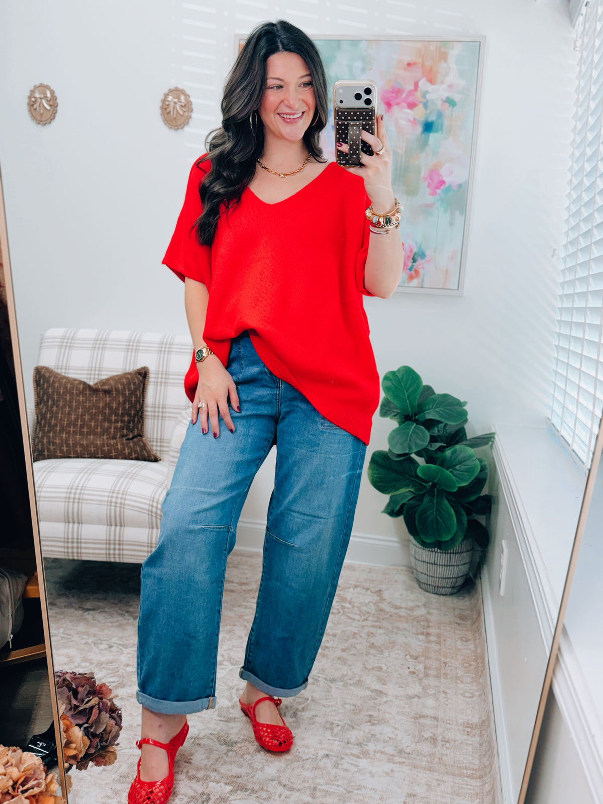 Red V-Neck Sweater Top