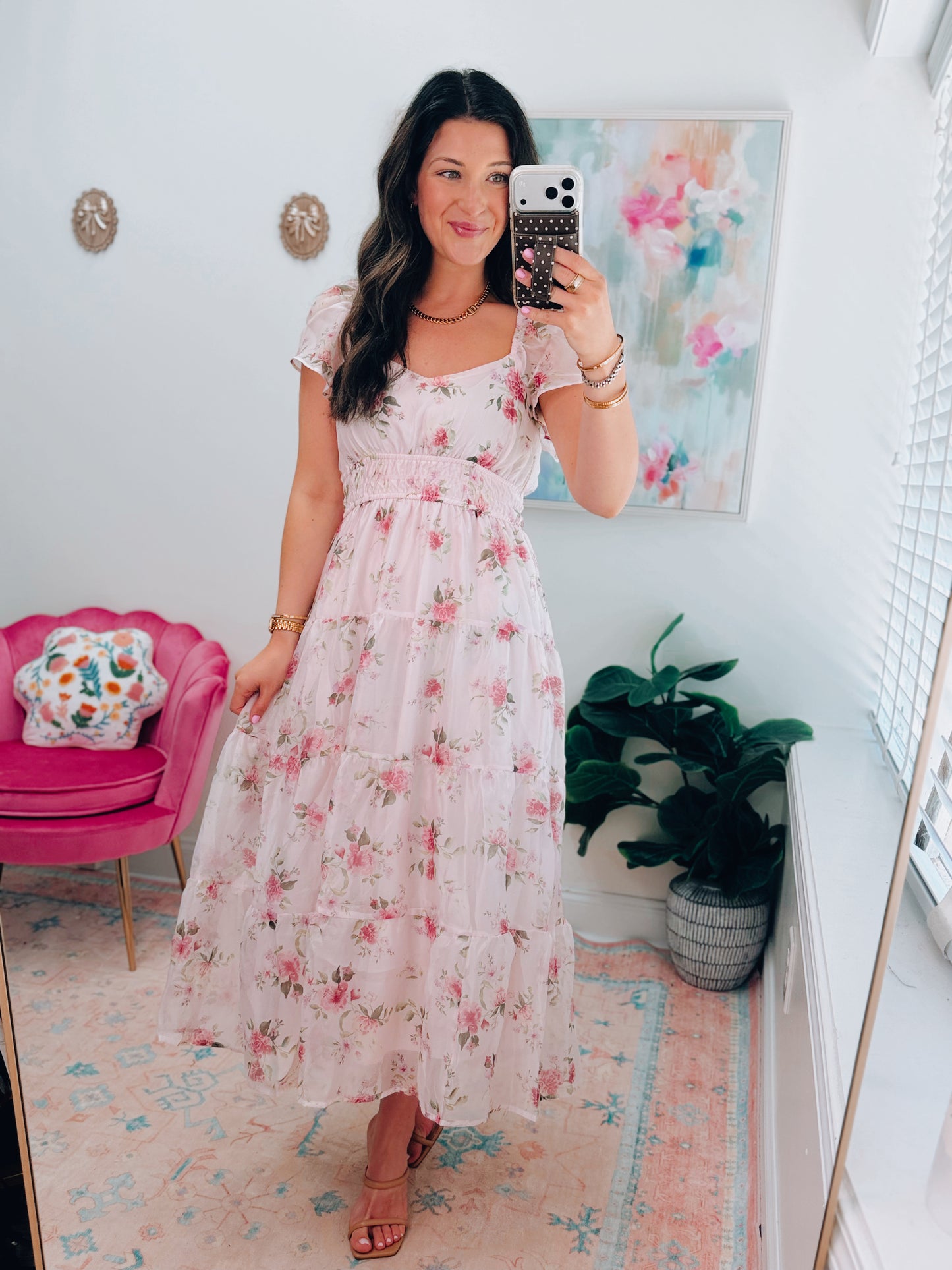 Floral Chiffon Shirred Midi Dress