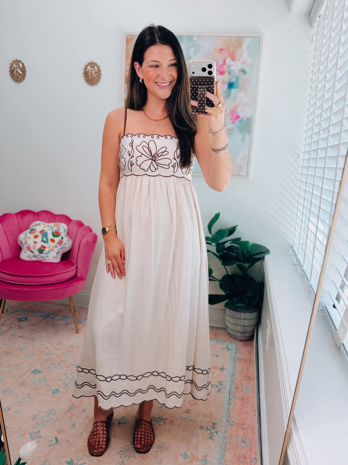 Floral Embroidered Scallop Midi Dress