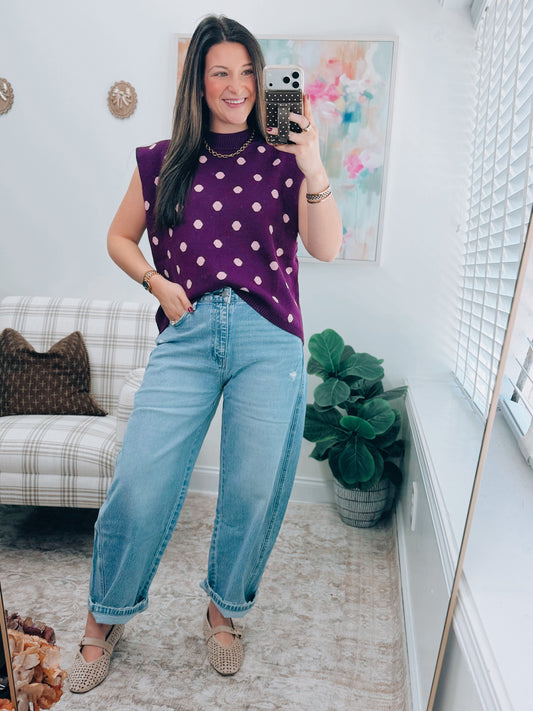 Plum Polka Dot Mock Sweater Top