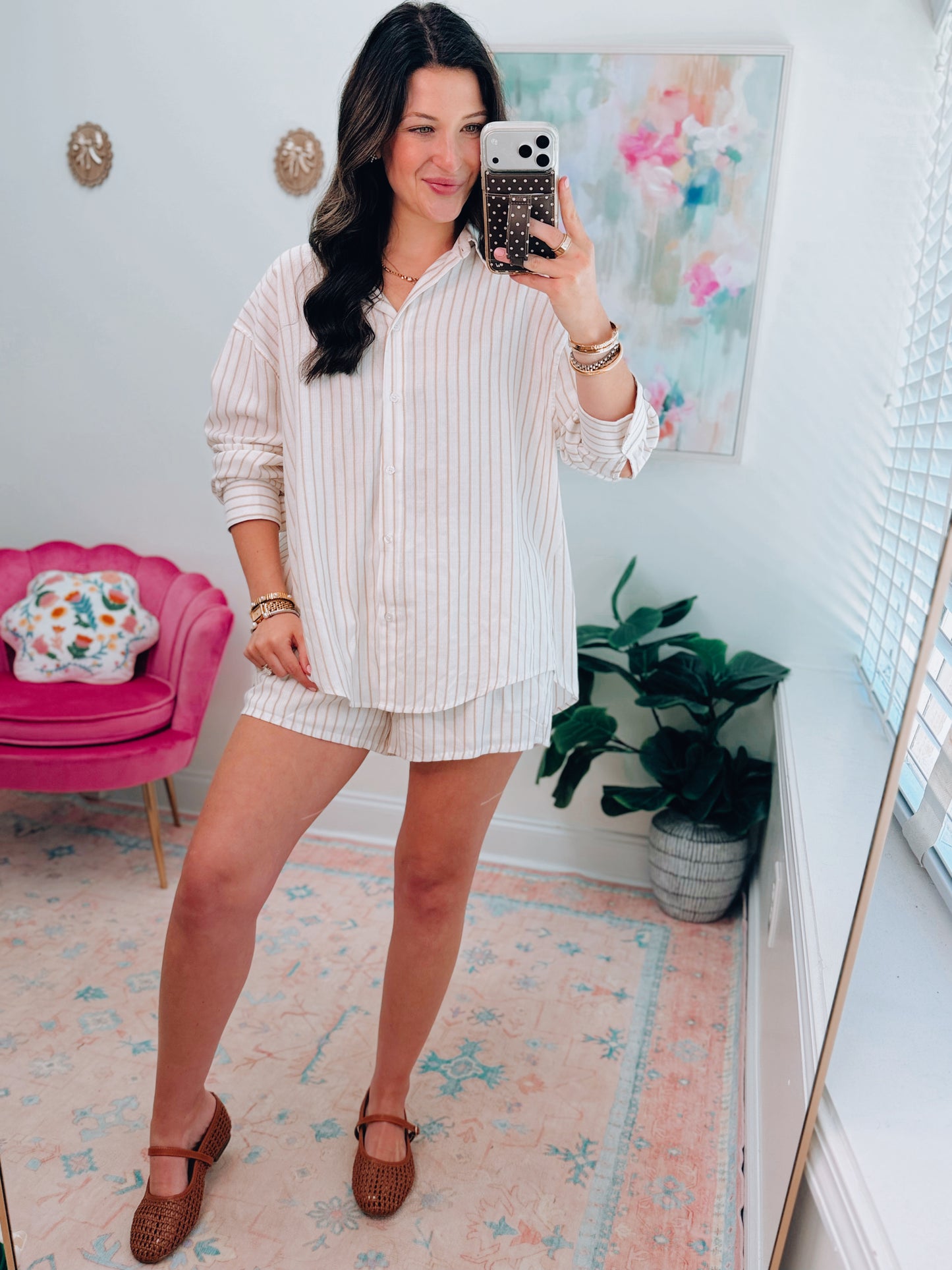 Henley Striped Button Up Shorts Set - Tan