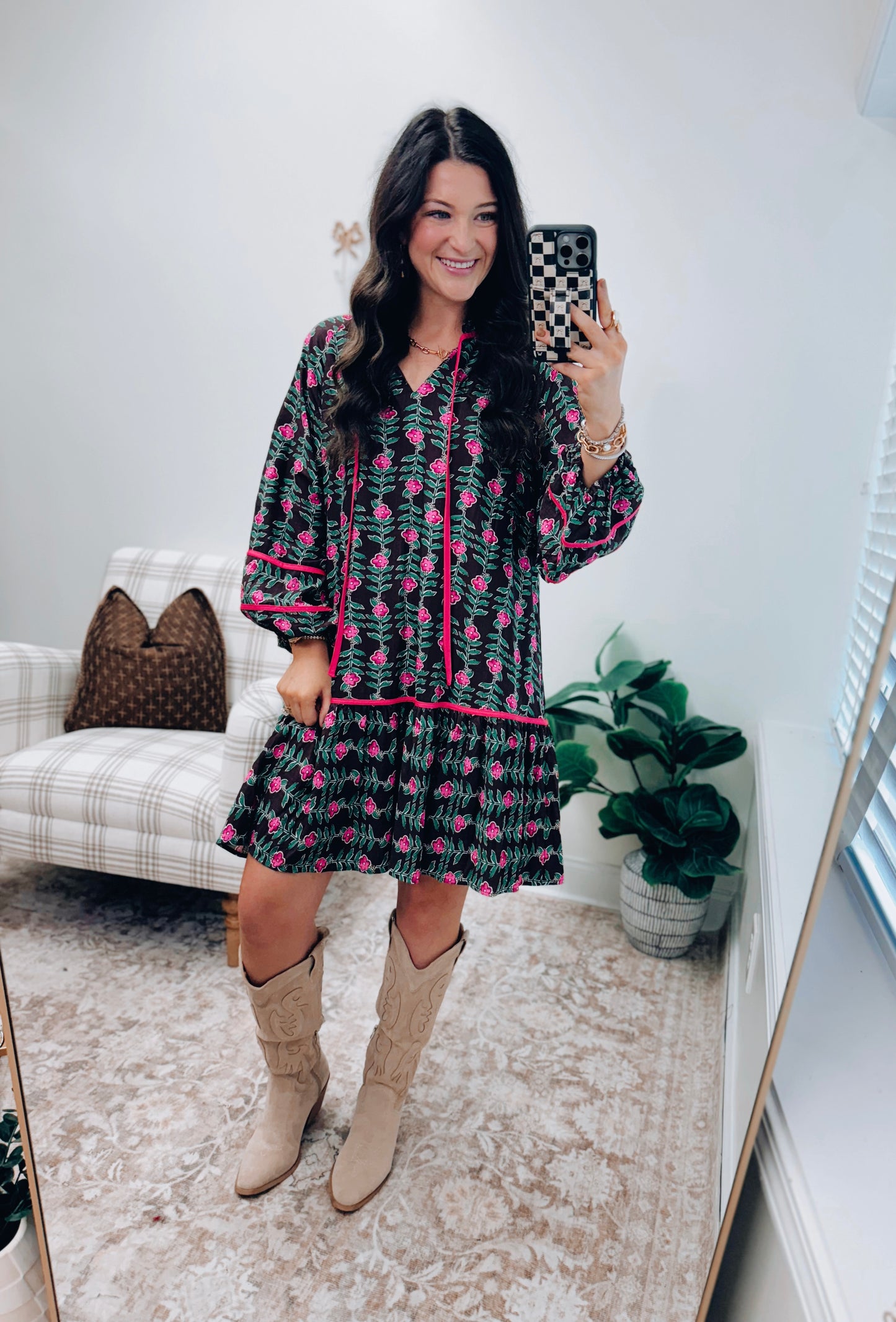 Pink Floral Tiered Mini Dress