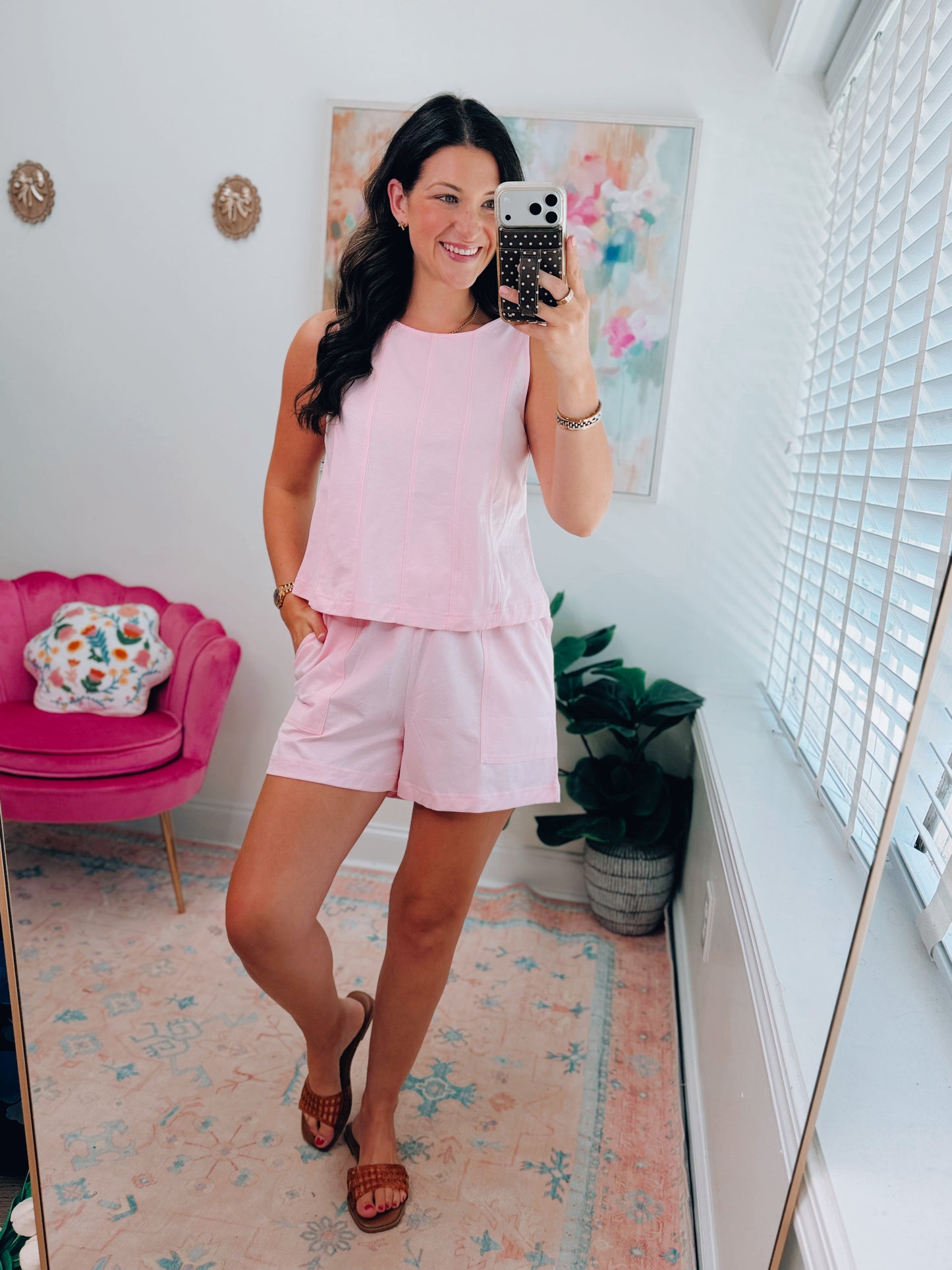 Pink Stitched Cotton Shorts Set
