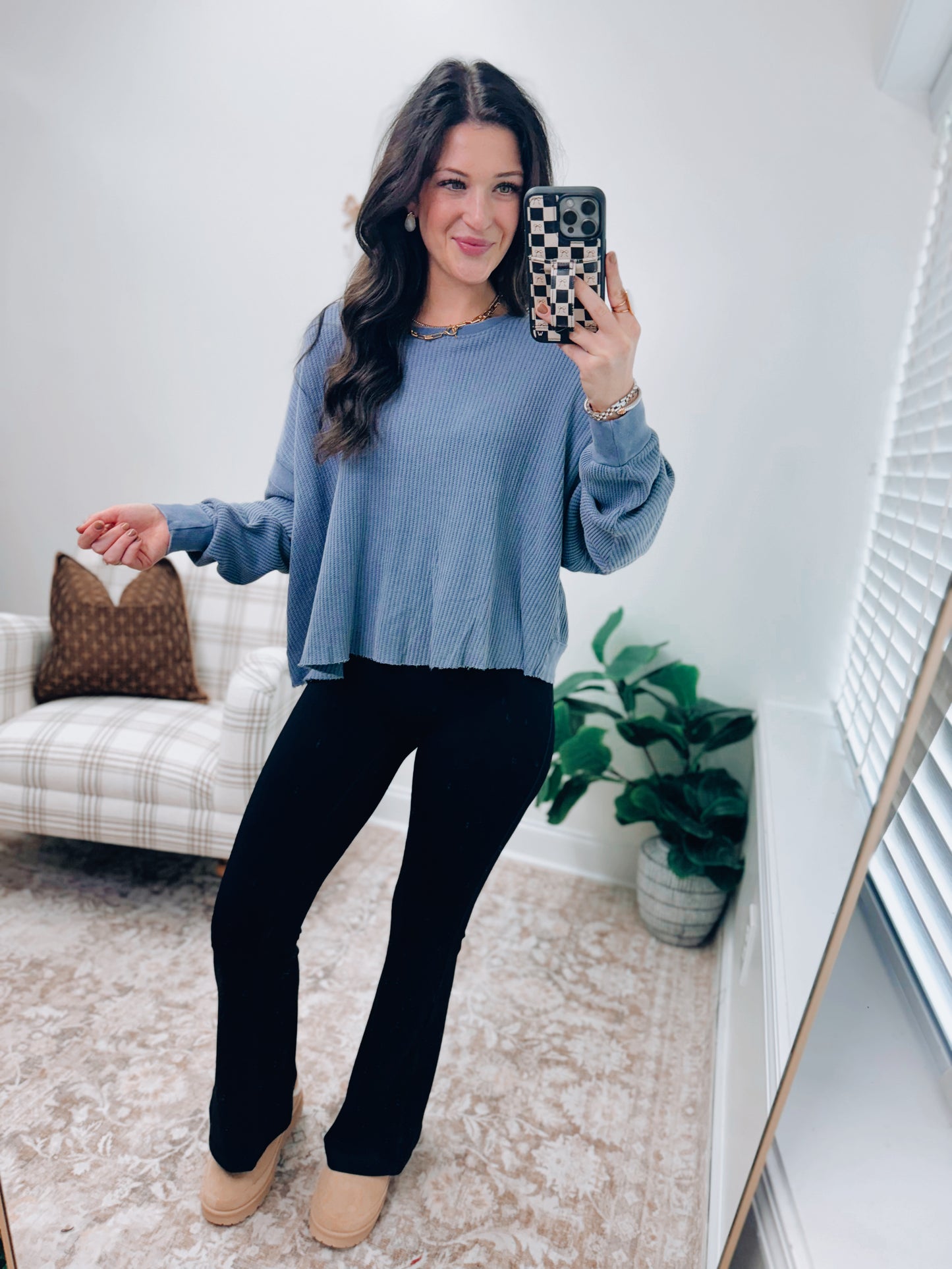 Chic Open Back Textured Knit Long Sleeve Top