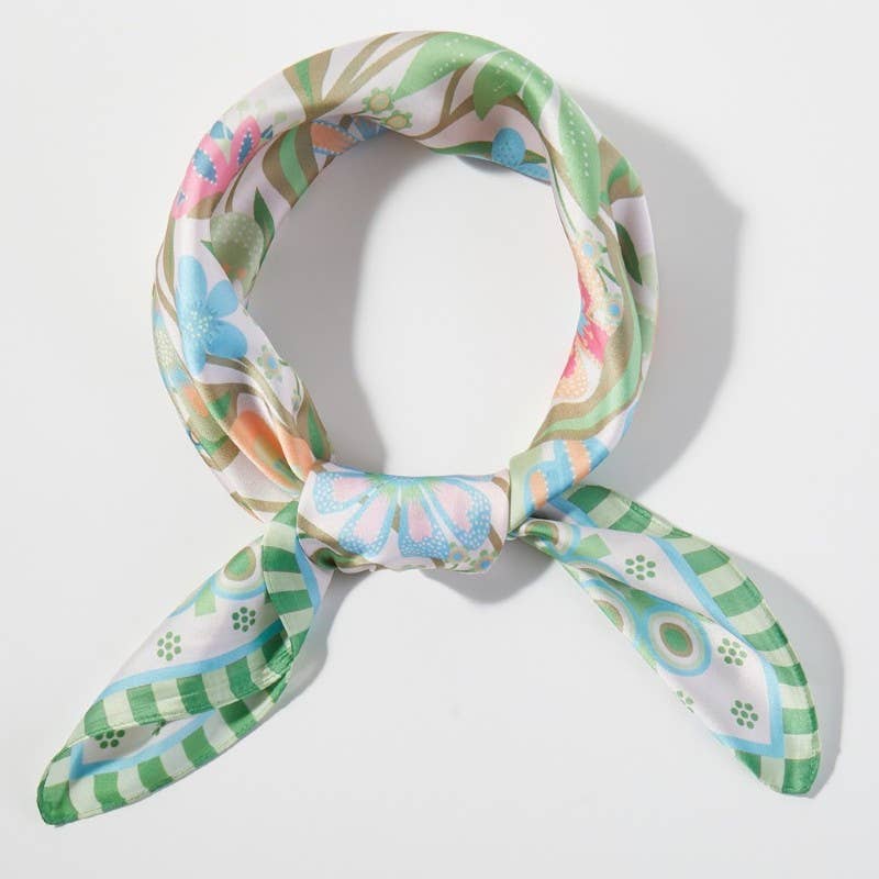 Green Flower Print Square Bandana Scarf