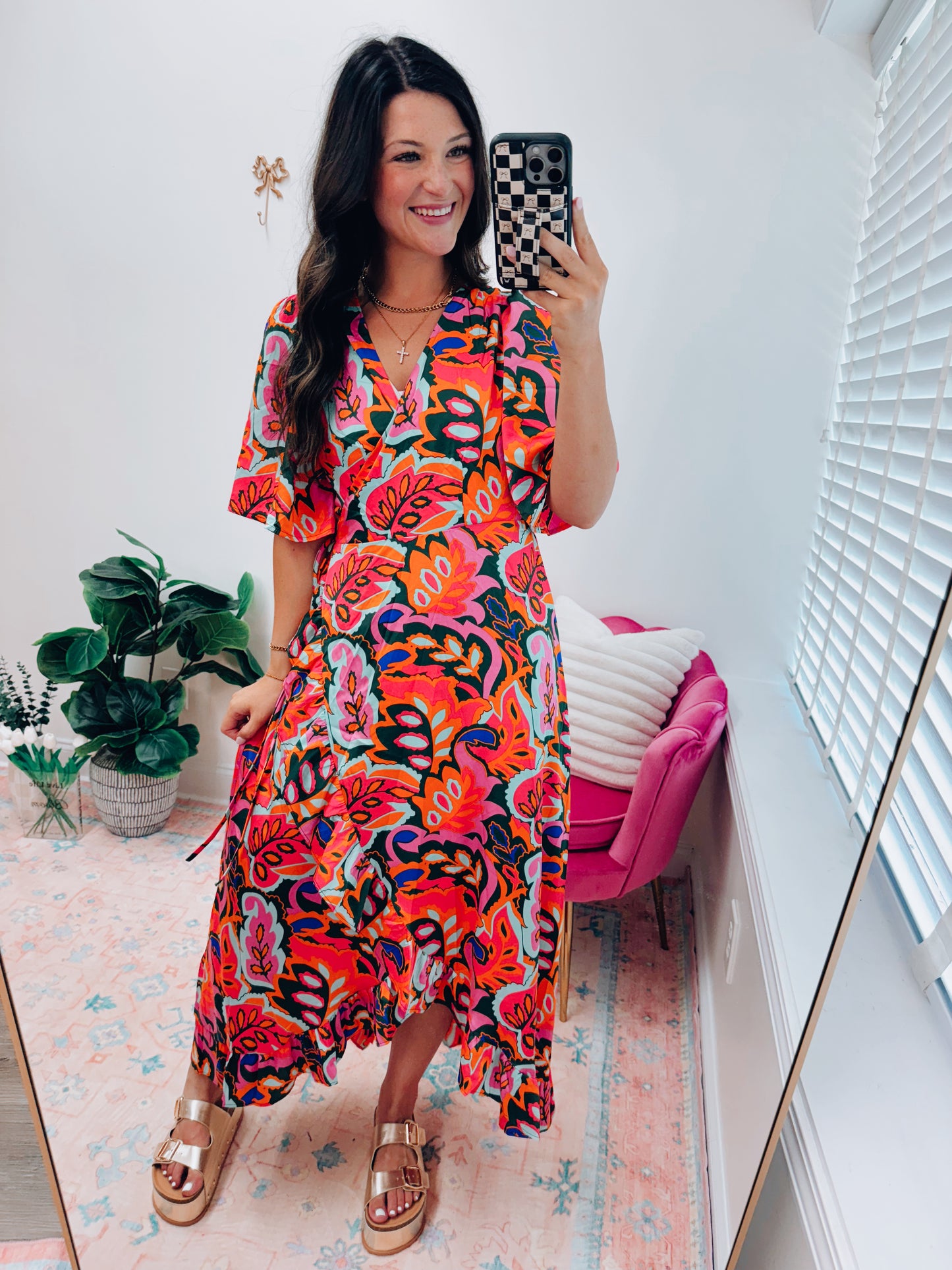 Rose Summer Tropicals Wrap Midi Dress