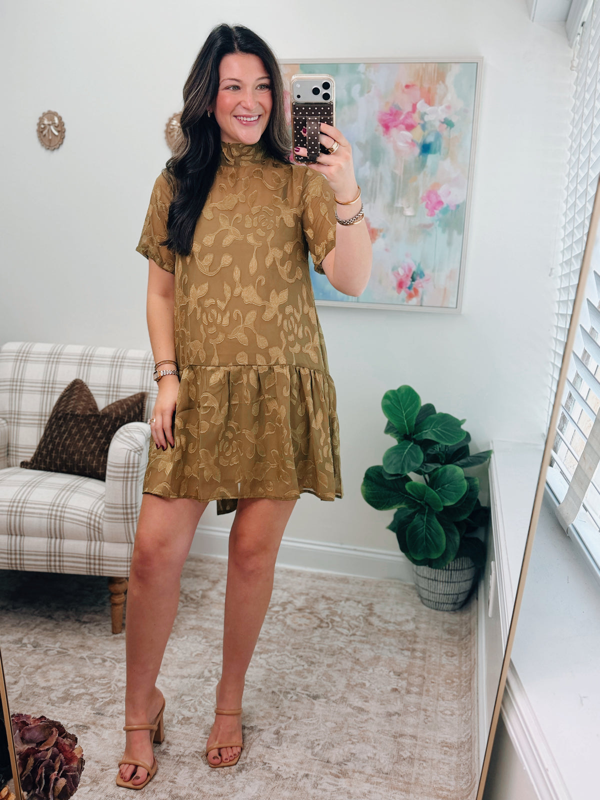 Floral Jacquard Tie-Neck Mini Dress