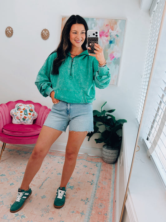 Mineral Wash Kelly Green Zip Hoodie Top