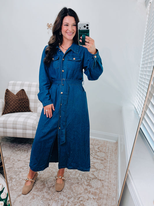 Easy Sunday Denim Gold Button Dress
