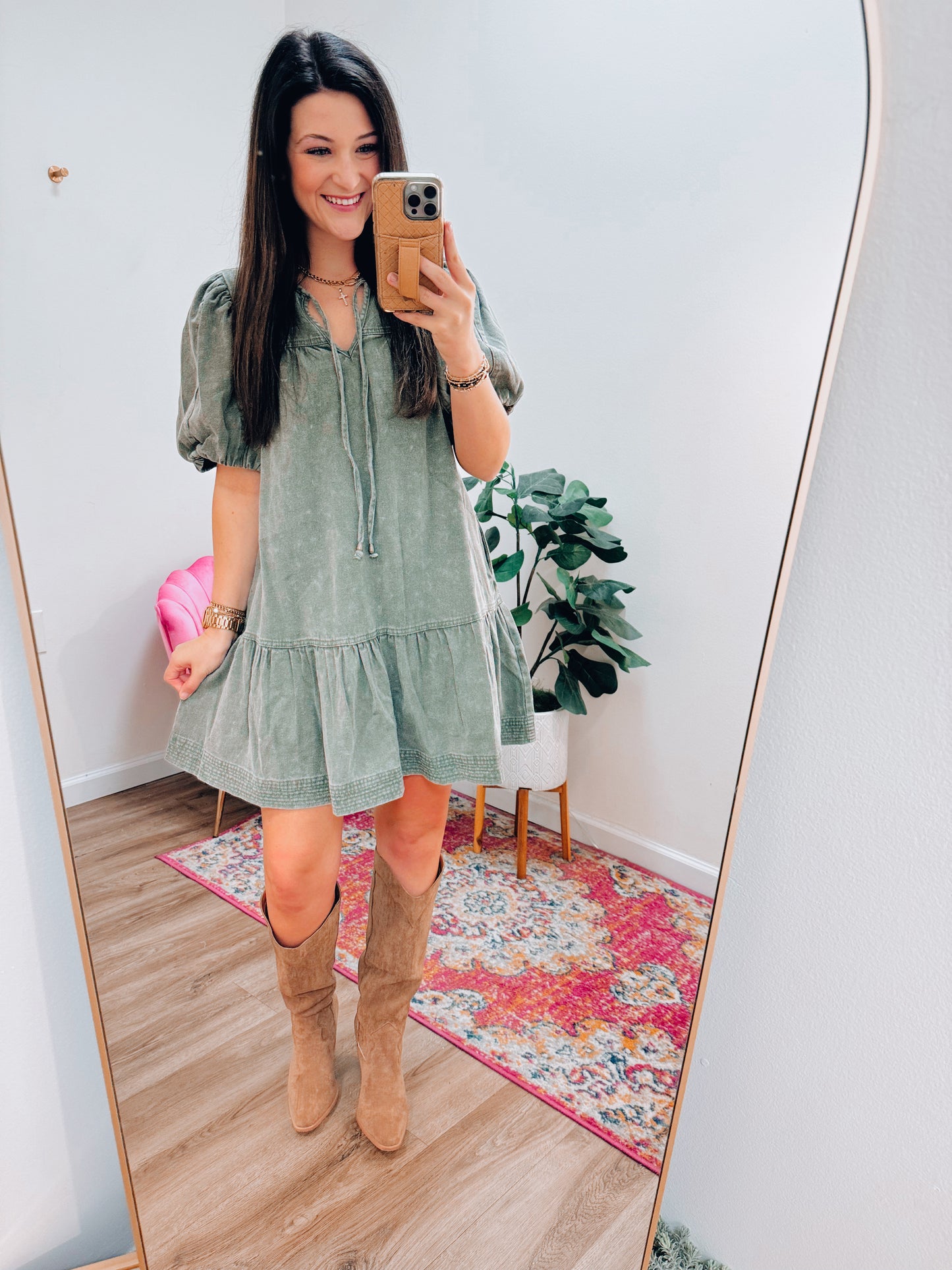 Olive Denim Puff Sleeve Mini Dress