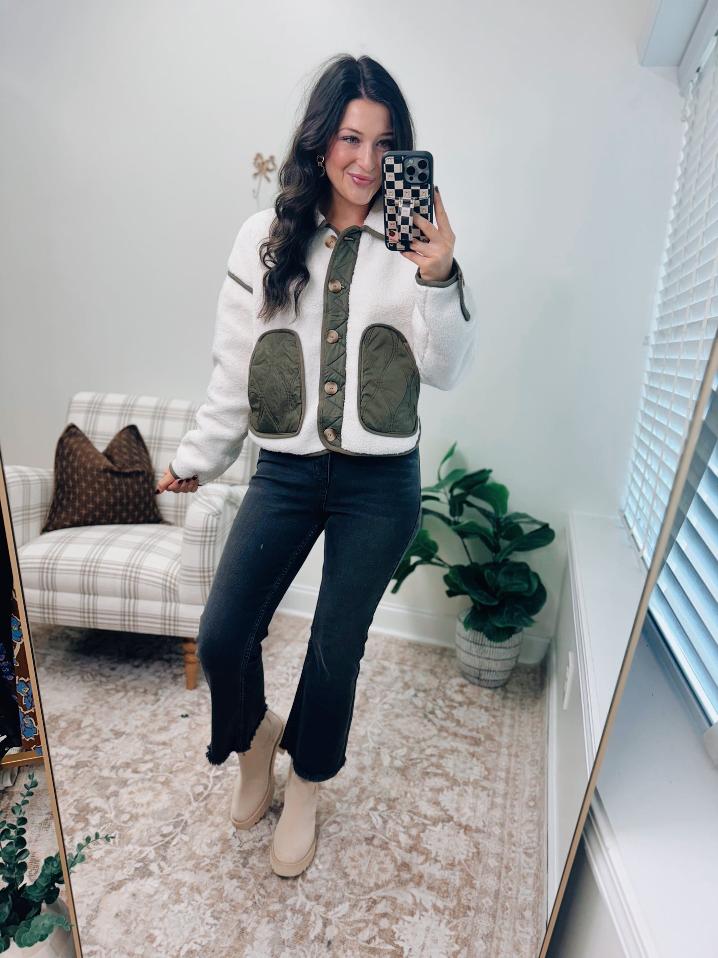 Shearling Button Olive Sherpa Jacket