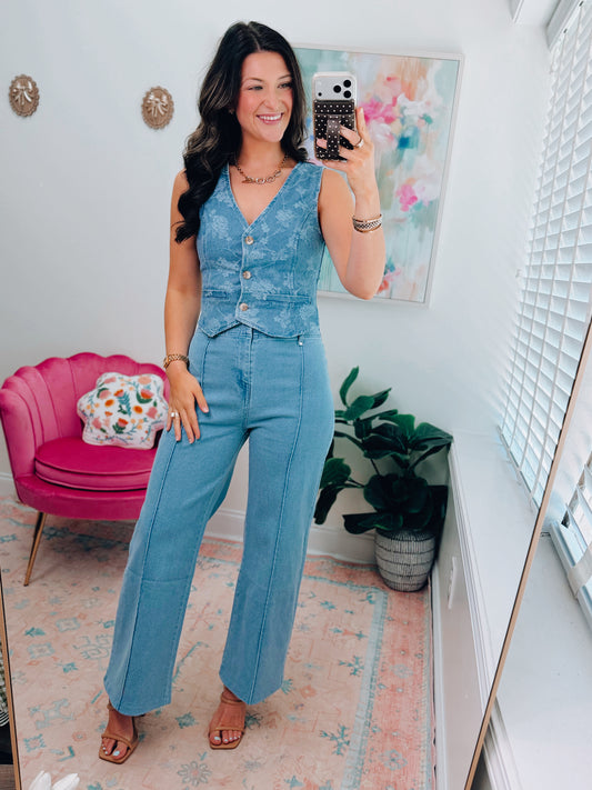 Floral Jacquard Button Down Denim Vest