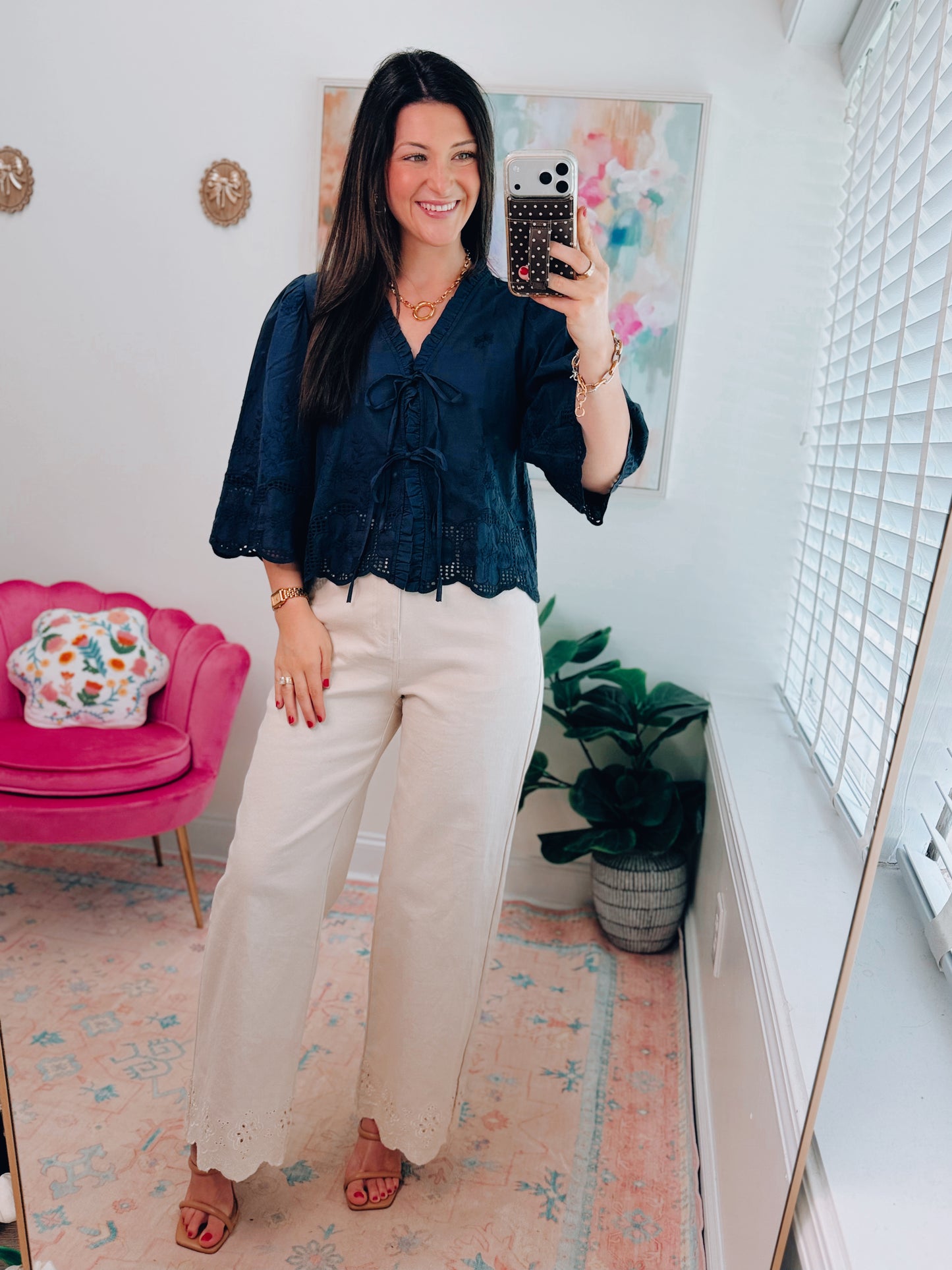 Navy Eyelet Tie Top
