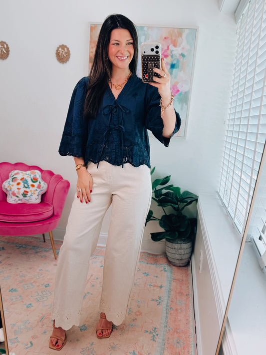 Navy Eyelet Tie Top