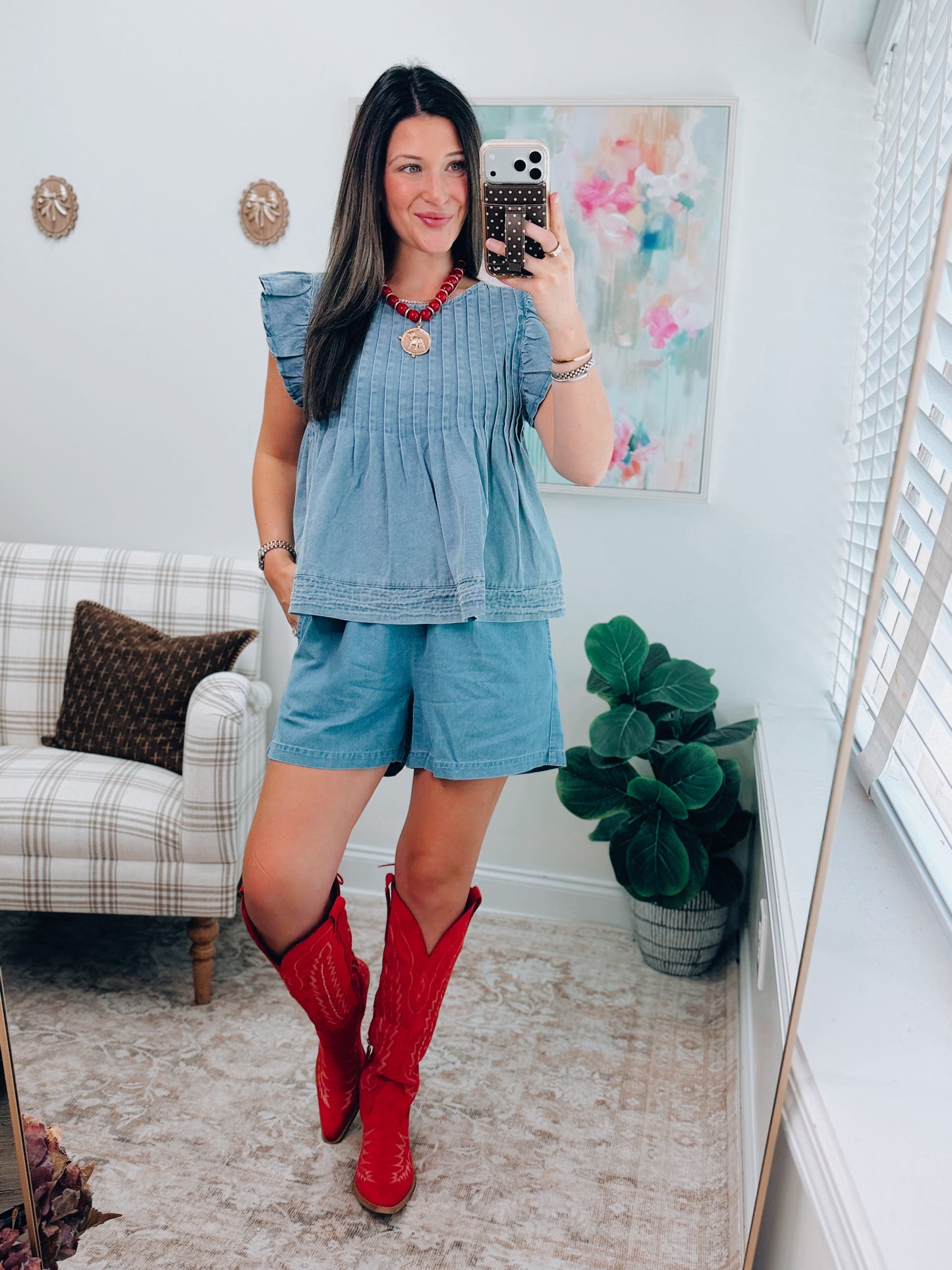 Pleated Denim Shorts Set