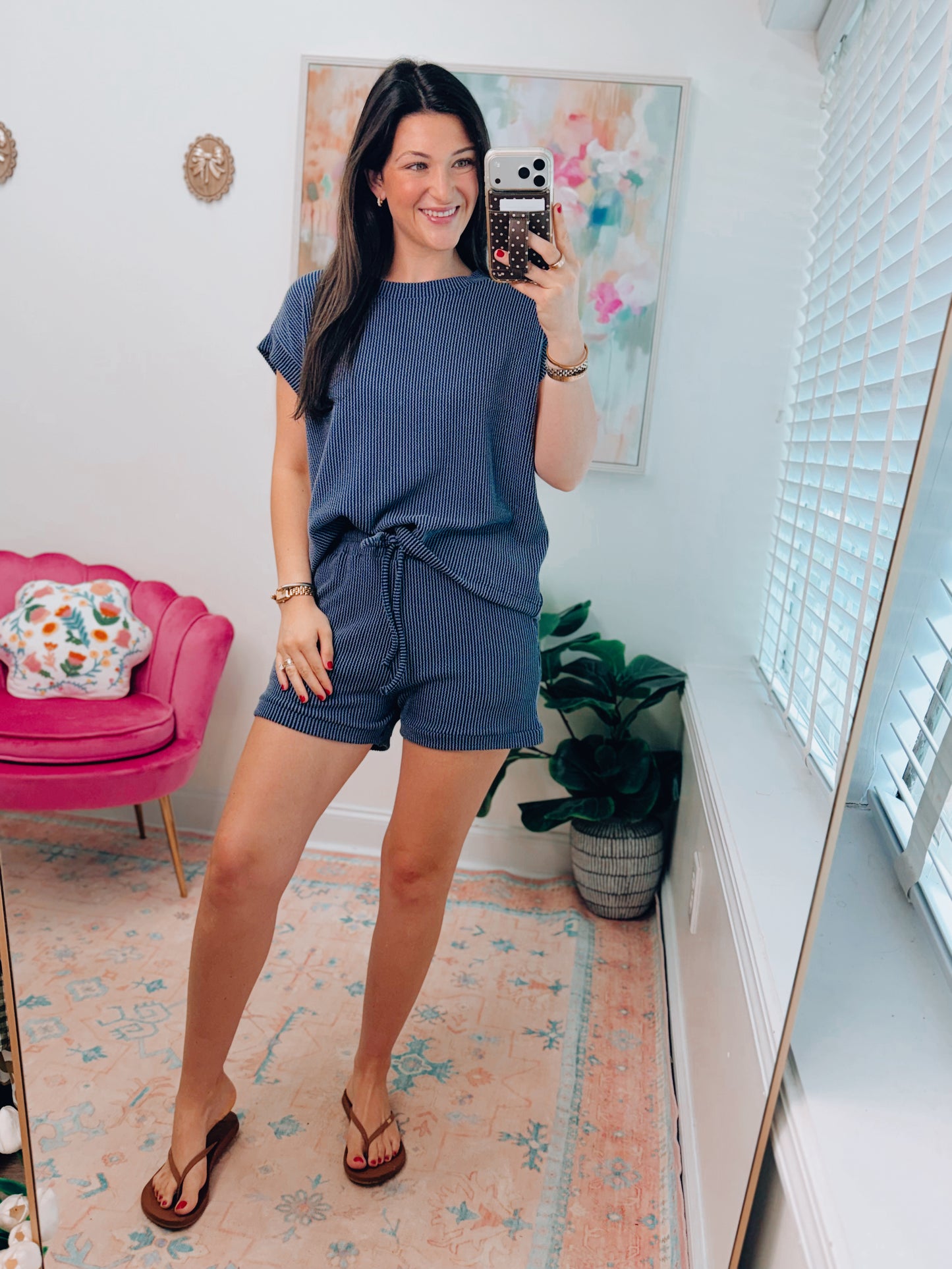 Navy Ribbed Shorts Set