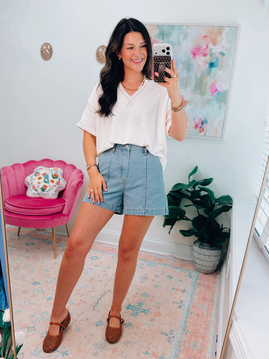 Kacey Pleated Denim Shorts - LT Denim