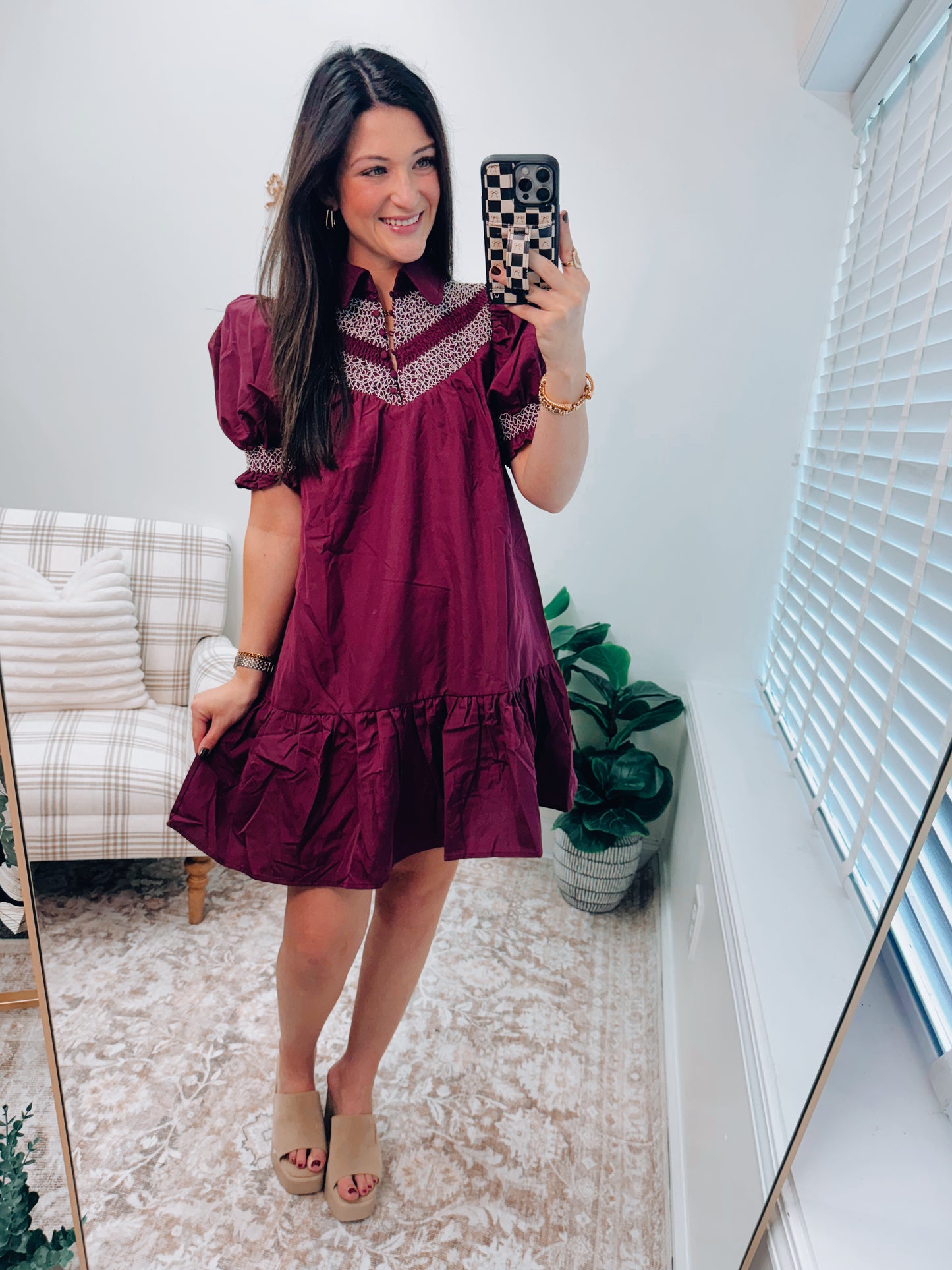 Plum Embroidered Smocked Mini Dress
