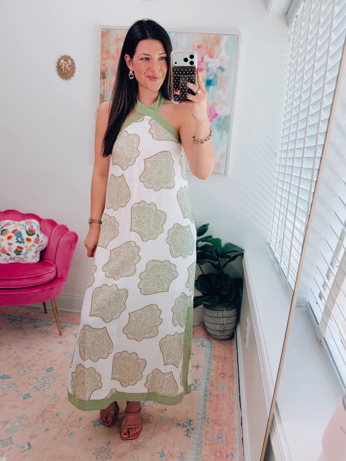 Olive Shell Halter Maxi Dress