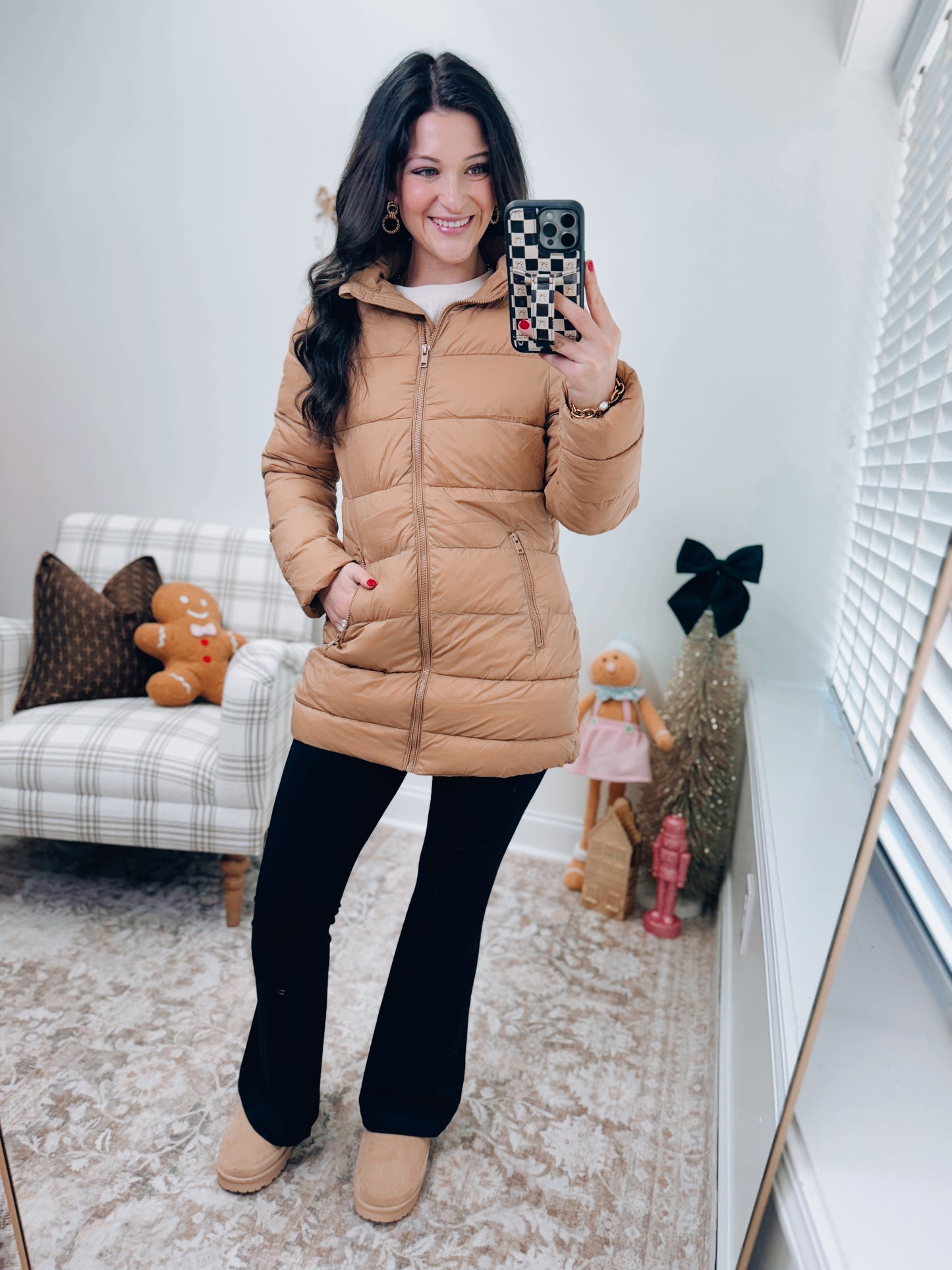 Long Quilted Puffer Jacket - Tan