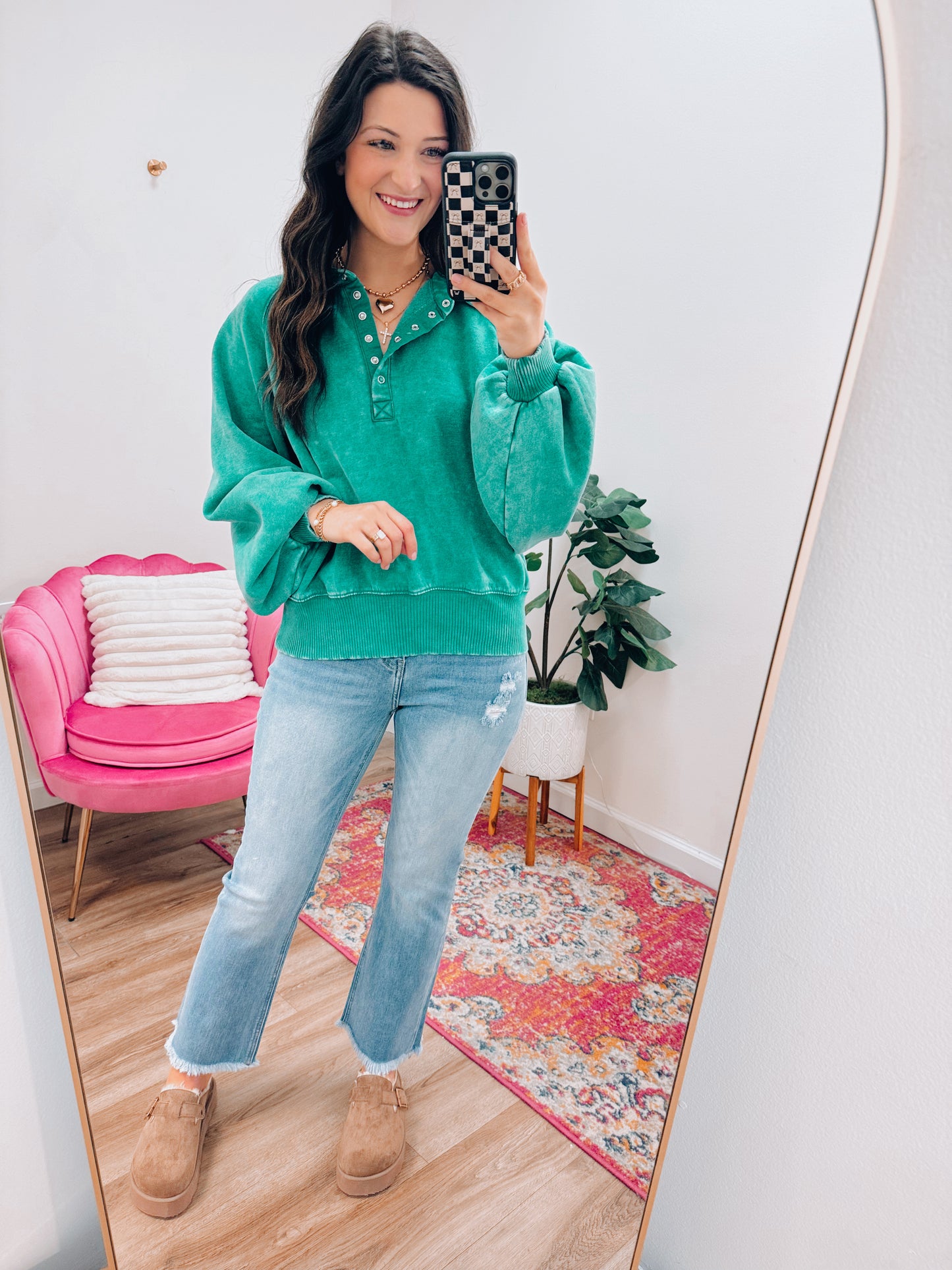 Mineral Wash Button Pullover - Kelly Green