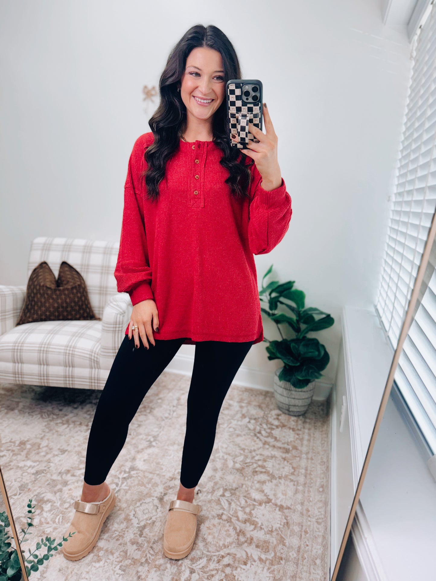 DOORBUSTER Button Brushed Ribbed Sweater - Red