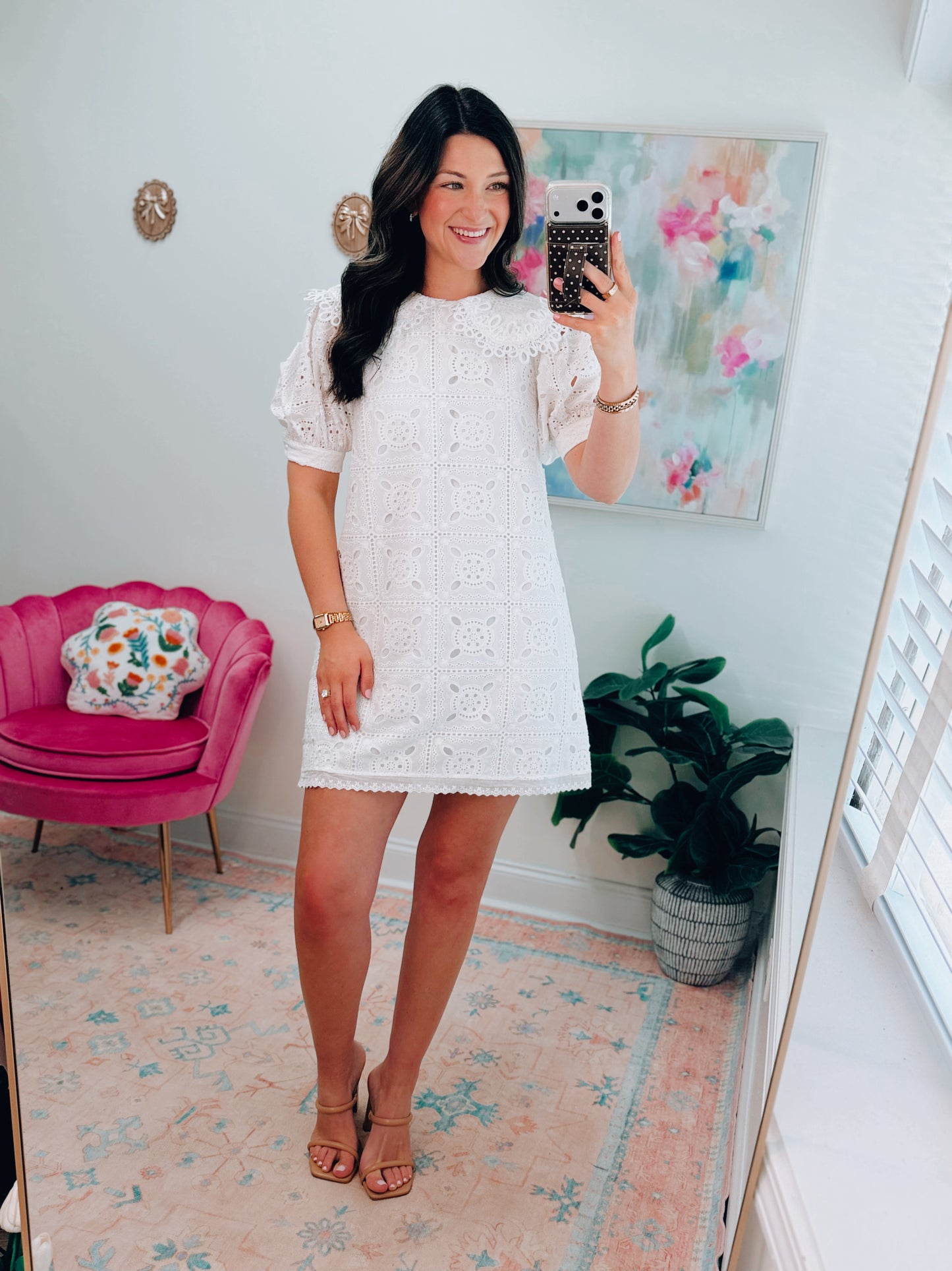 White Eyelet Oversized Collar Mini Dress