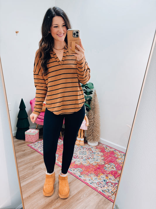 CURVY Camel Striped Exposed Seam Sweater