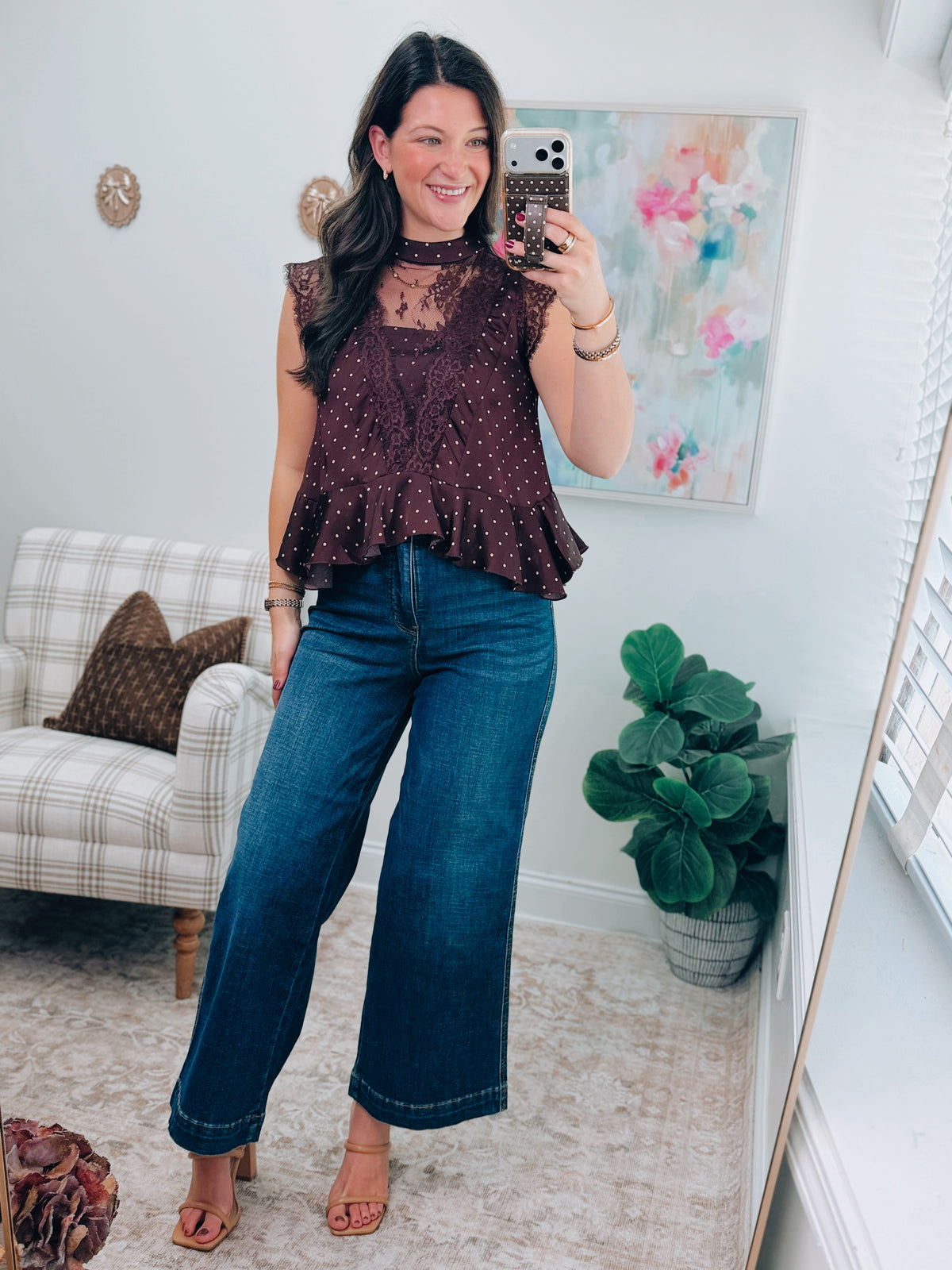 Wine Polka Dot Lace Trim Top