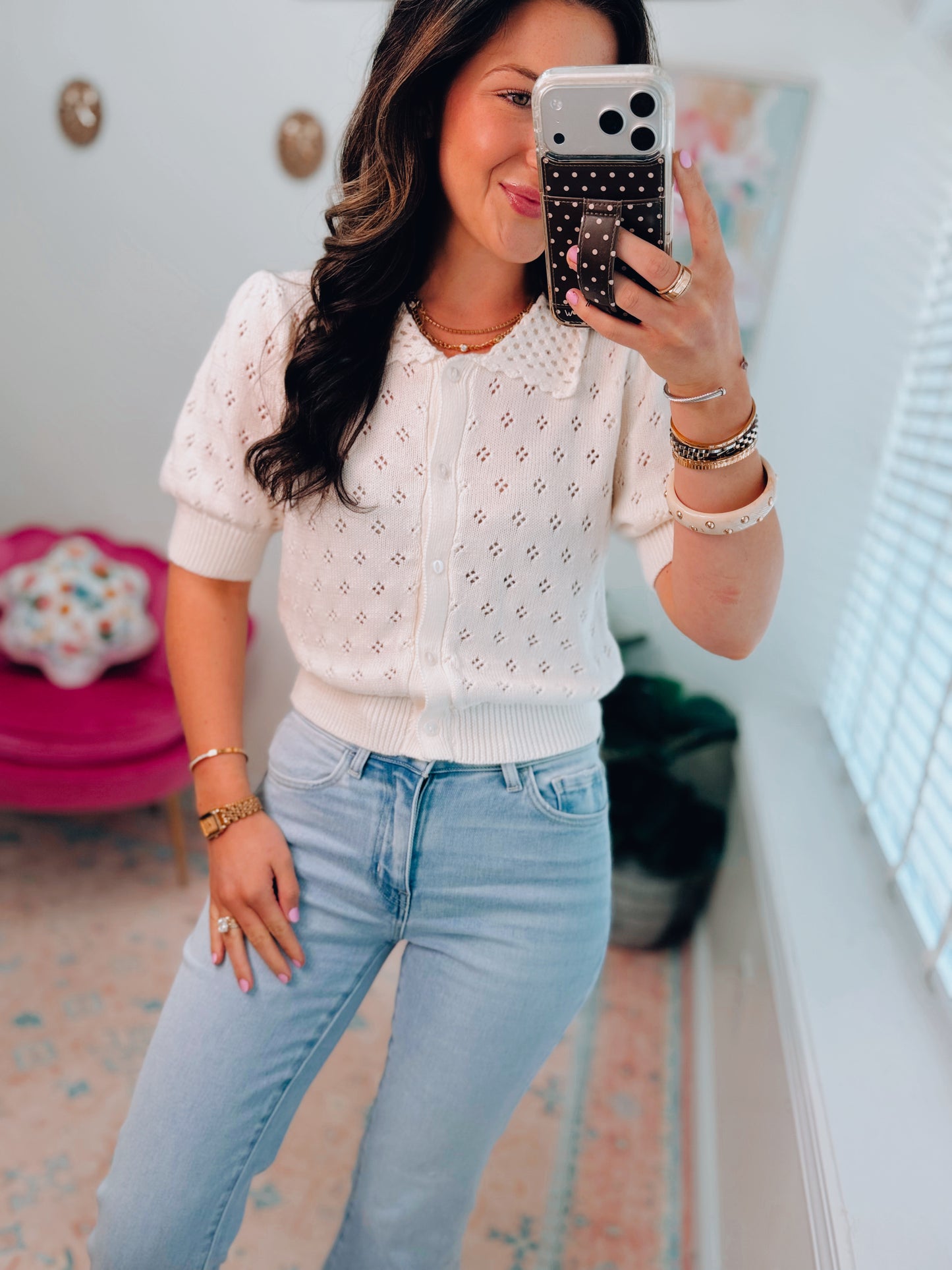 Pointelle Collar Button-Up Puff Sleeve Knit Top